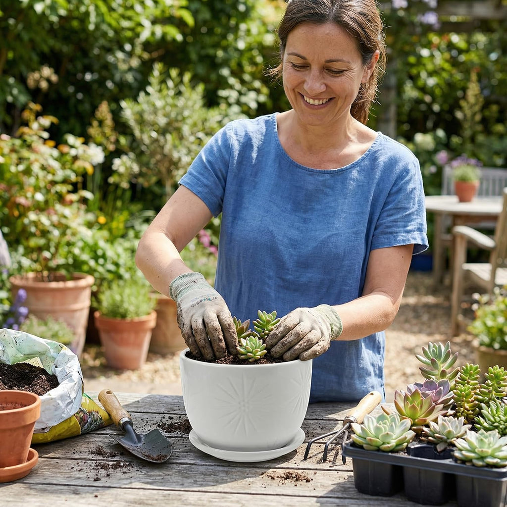 MyGift 7 Inch Round White Ceramic Plant Pot with Drainage Hole and Attached Saucer, Modern Decorative Embossed Sunburst