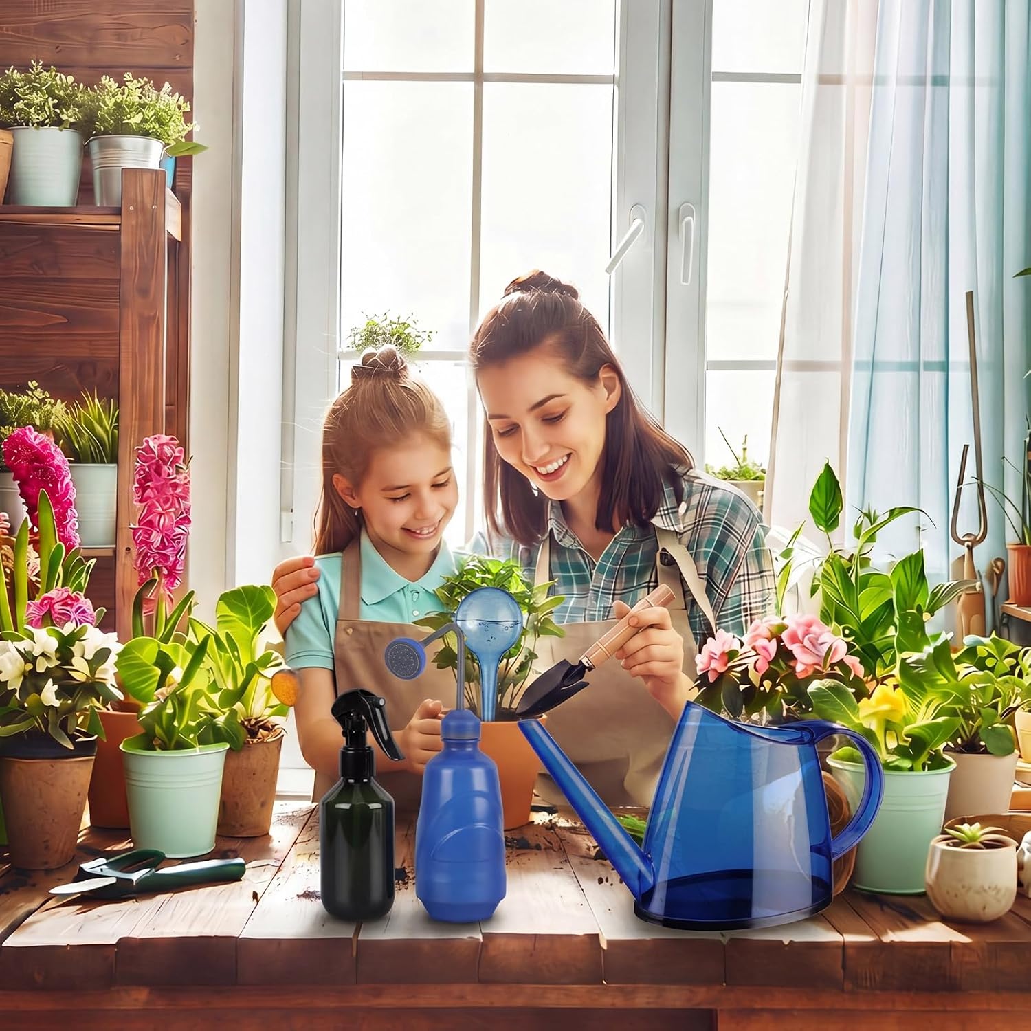 Indoor Plant Watering Can Set, 13 Pcs Garden Set with 47 oz Long Spout Can, Spray Mister, Squeeze Bottle, 6 Self