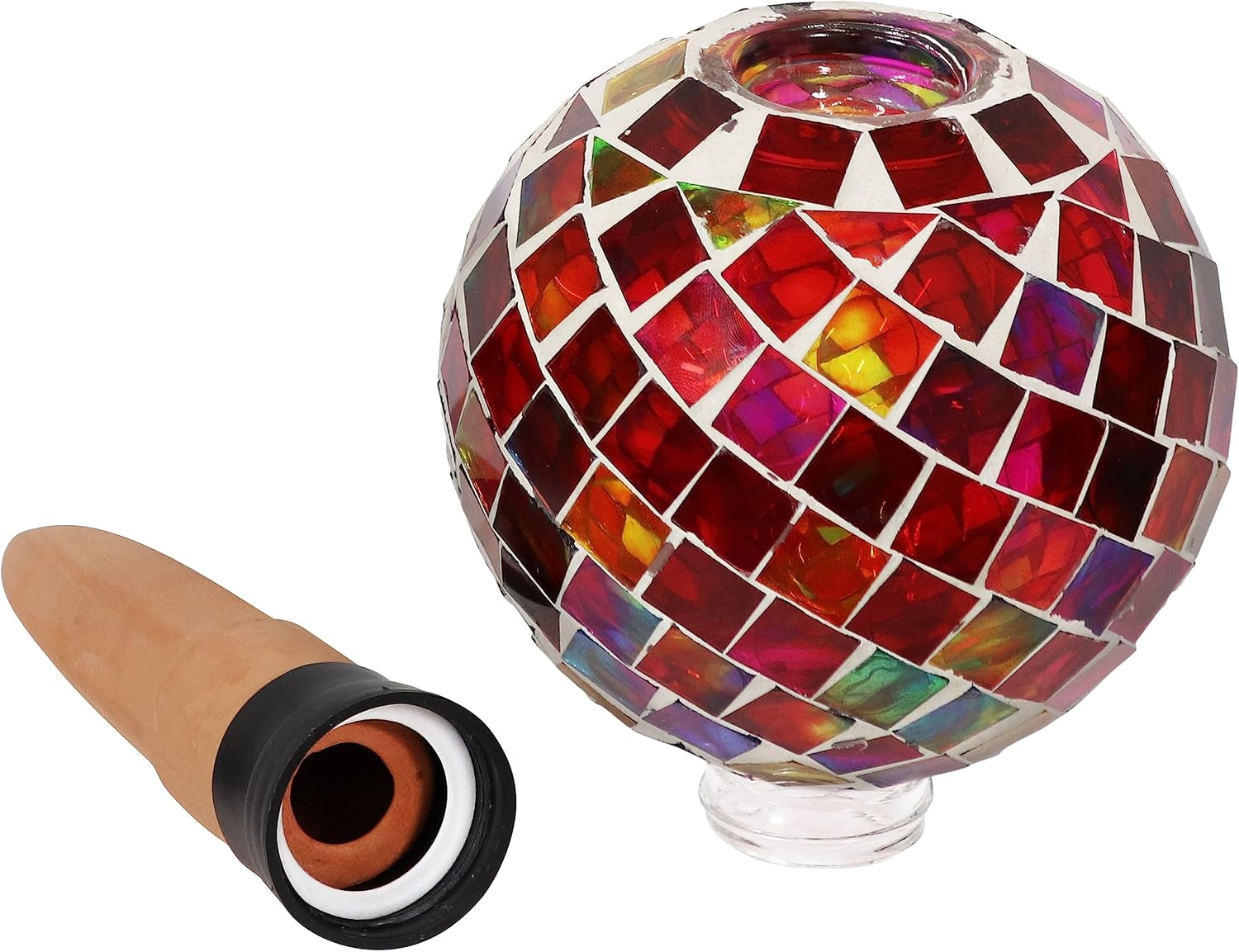 Sunnydaze Mosaic Glass Plant Watering Globe, Magenta Medley | Decorative Self-Watering Planter Insert, Water Dripper