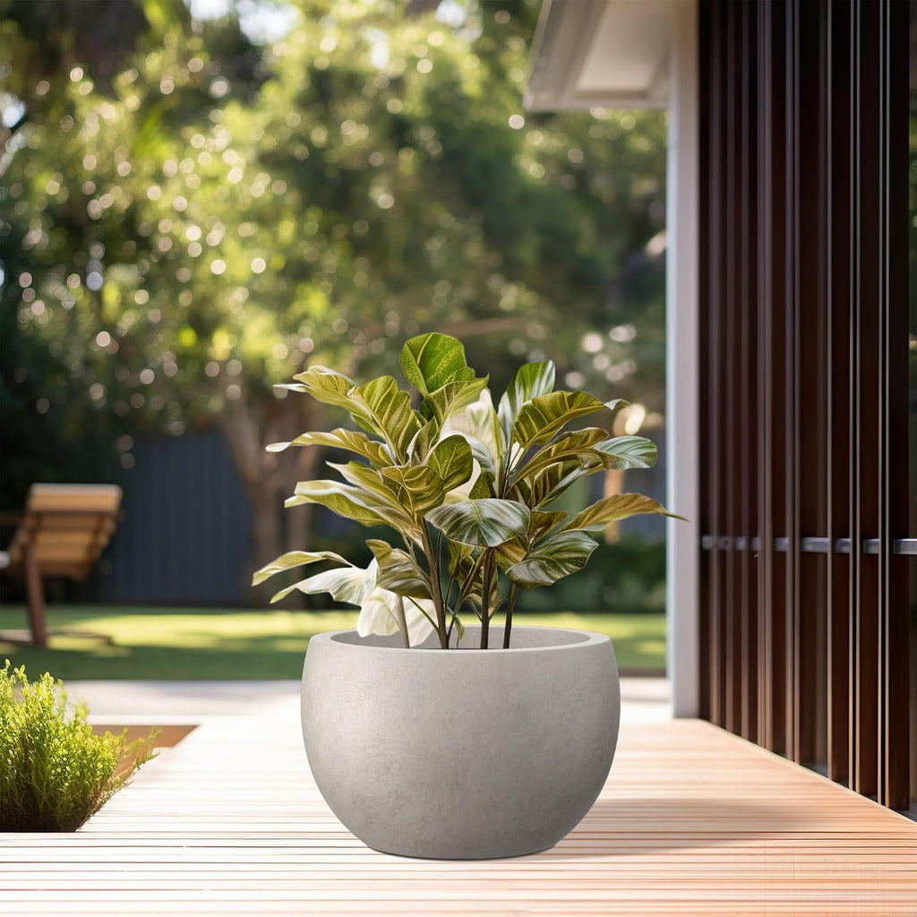 Kante Accent Round Bowl Weathered Concrete Planter 14.8" Dia, Outdoor | Rubber Plug for Indoor, Drainage for Garden