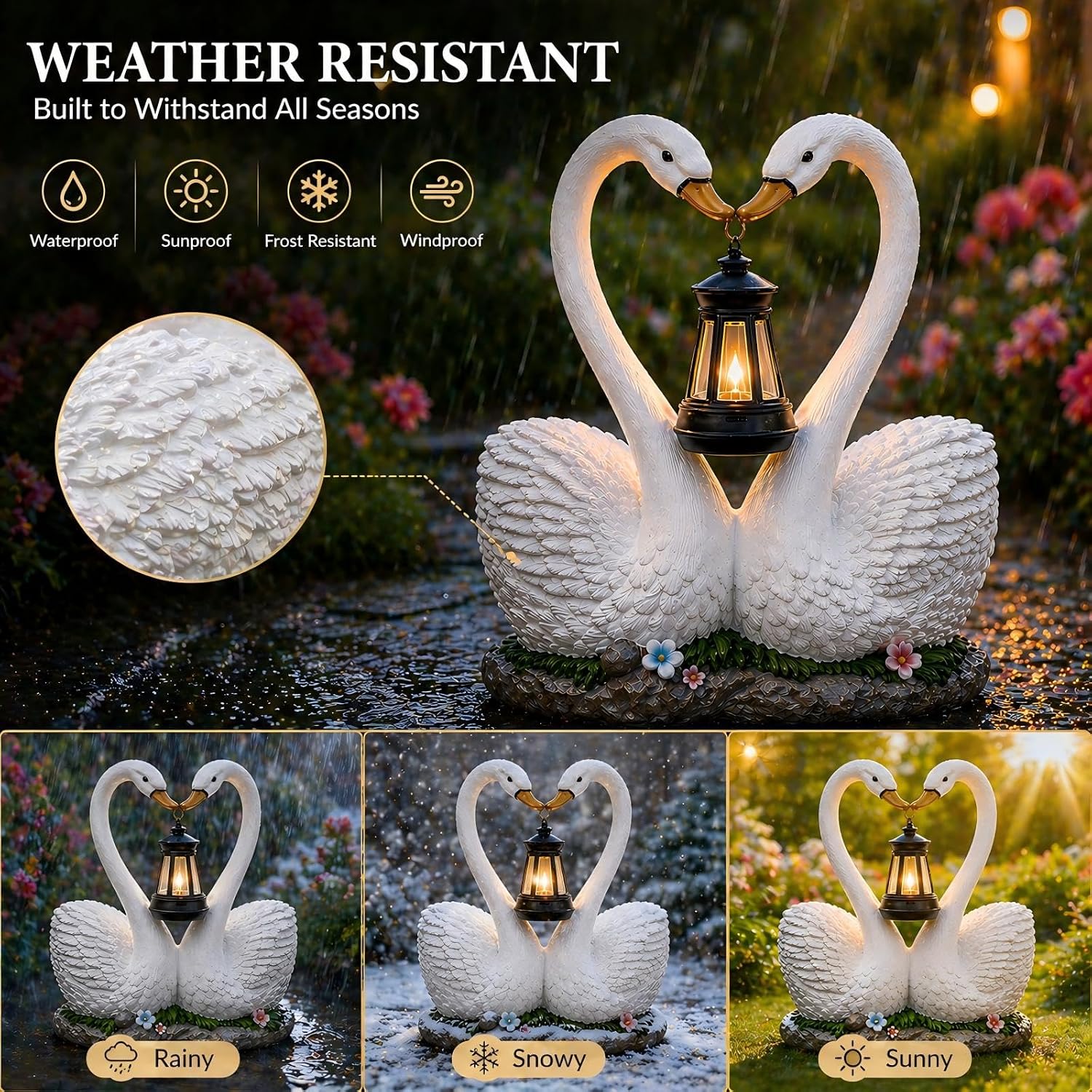 Solar Swan Garden Statue with Hanging Lantern Light, Romantic Swan Couple Outdoor Solar Lights Resin Waterproof Yard