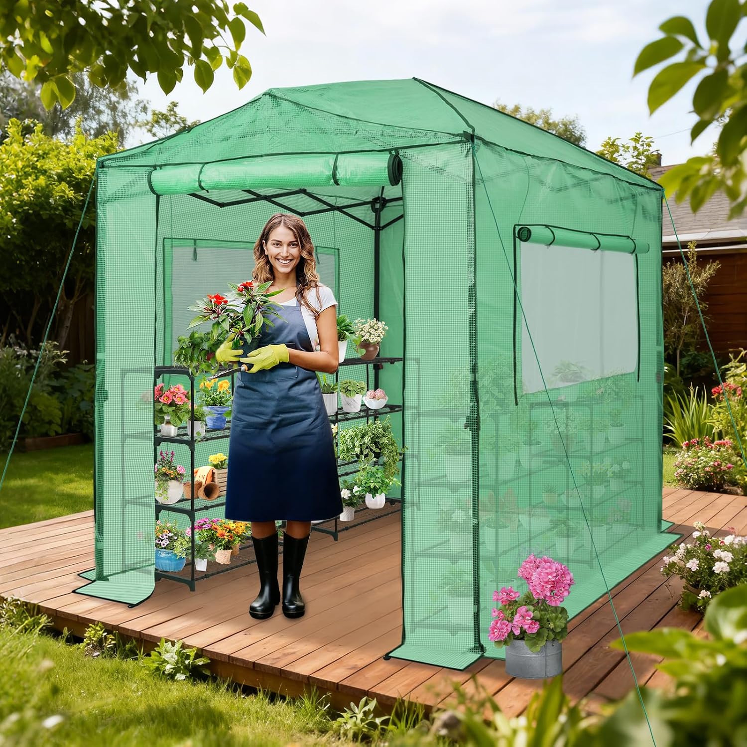 EAGLE PEAK 8x6 Easy Setup Pop Up Greenhouse, Clear/Green | Walk-In Greenhouses for Outdoors, Green House for Winter