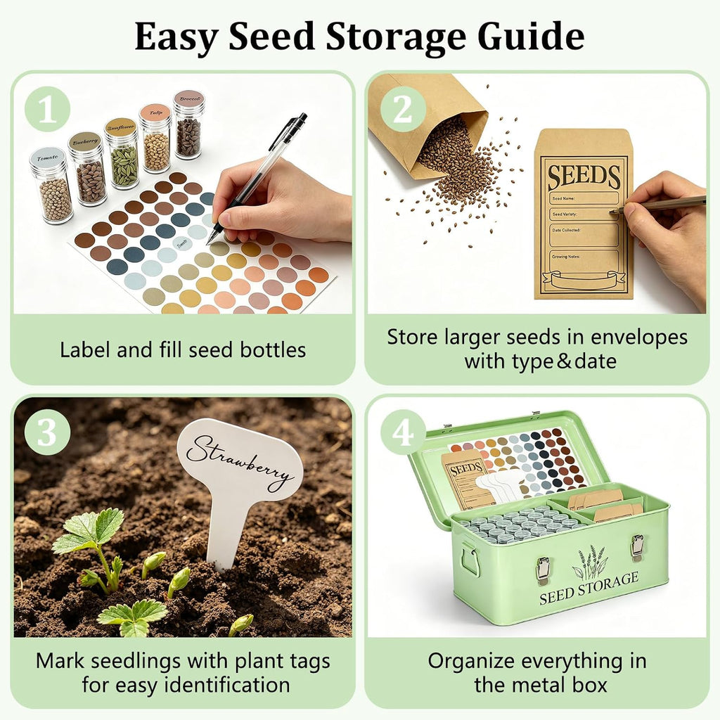60-Slot Metal Seed Storage Organizer Box, Seed Saving Box | 3 Compartments Organization, 60 Seed Envelopes & Labels