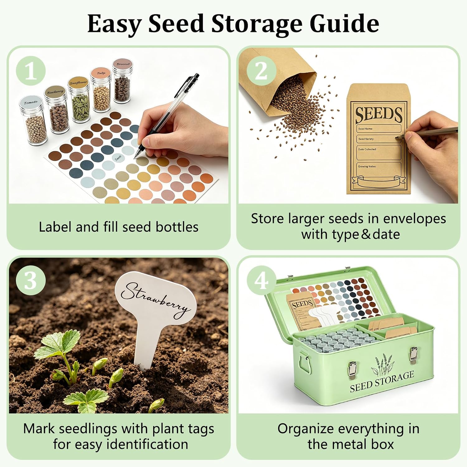 60-Slot Metal Seed Storage Organizer Box, Seed Saving Box | 3 Compartments Organization, 60 Seed Envelopes & Labels
