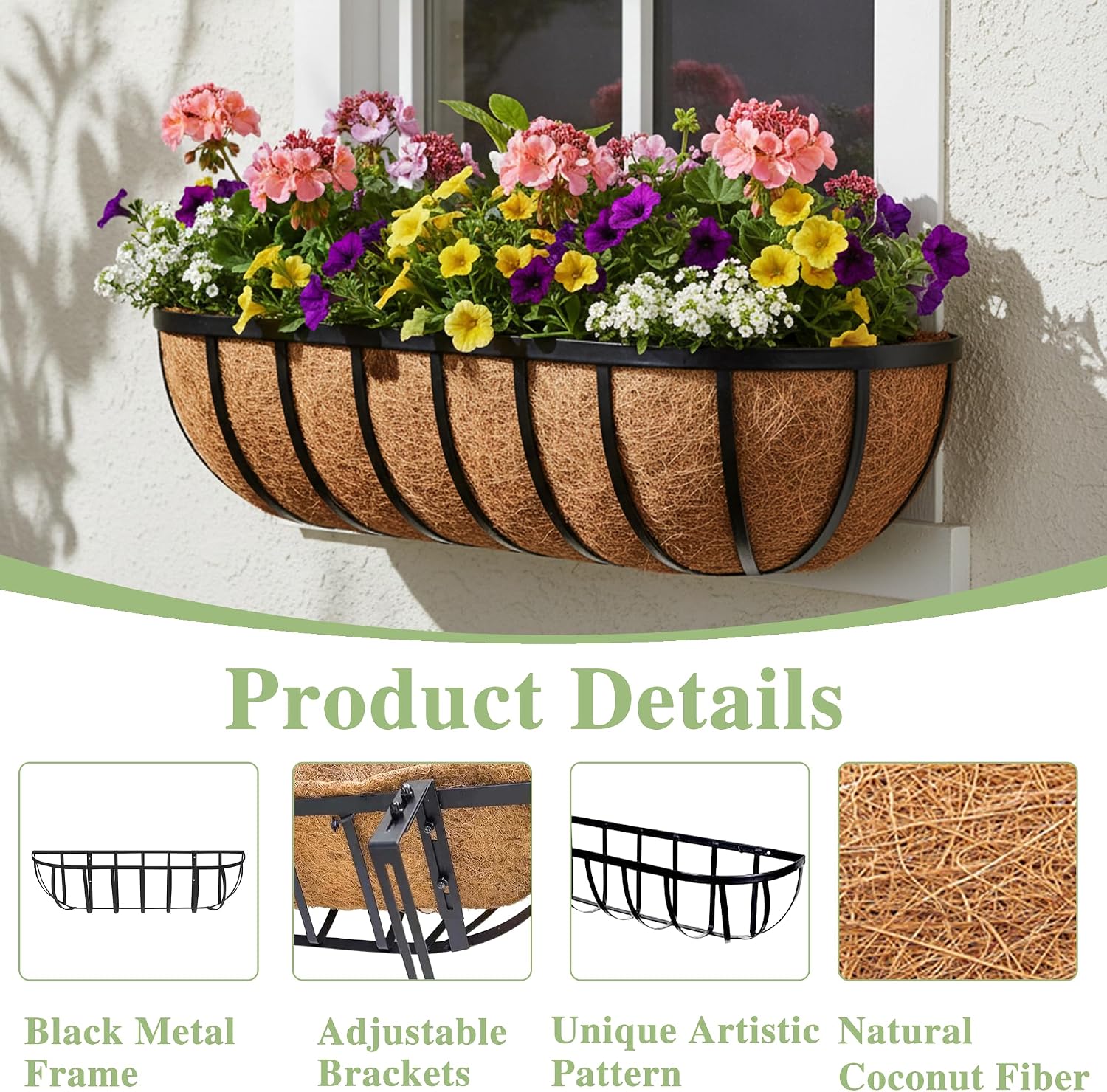 English Inviting Horse Trough Balcony Planter With Coconut LinerMetal Wall-Mounted Planter Box Deck Window Box 16 Inch