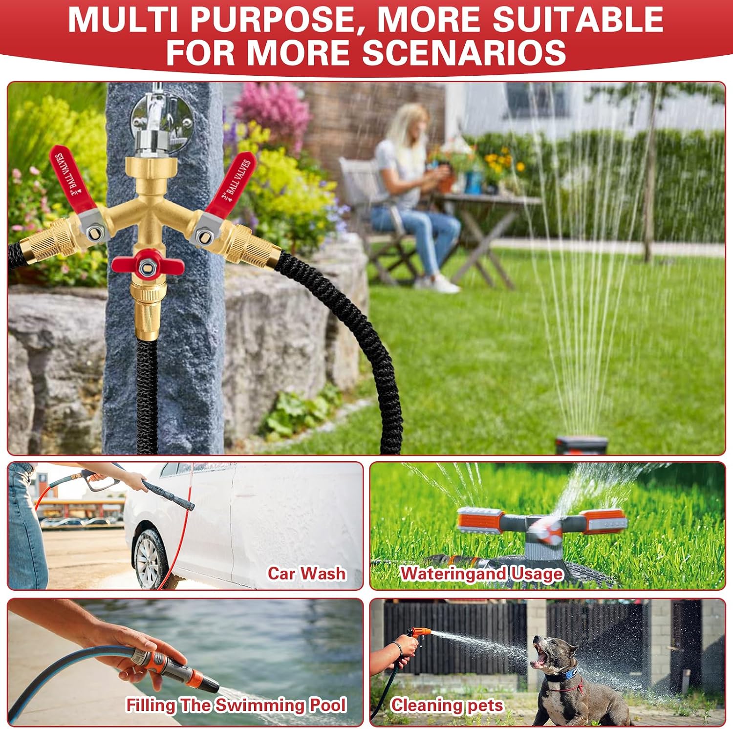 High Flow 3 Way Hose Splitter, Heavy Duty Brass Garden Hose Splitter,Water Hose Spigot Splitter with Easy-Grip Metal