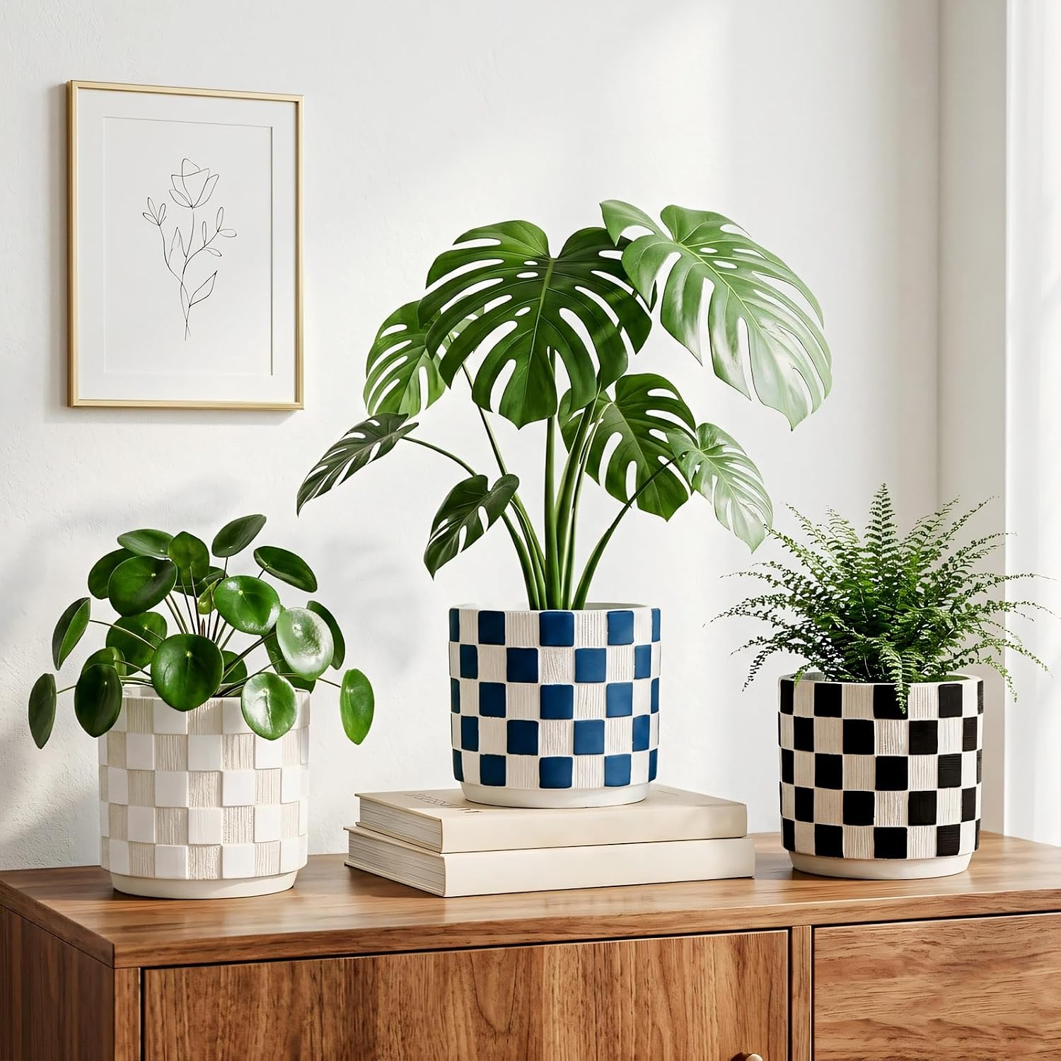 5.5 inch Ceramic Plant Pots with Drainage Hole & Silicone Plug, Checker Ceramic Round Planter Flower Planter for Indoor