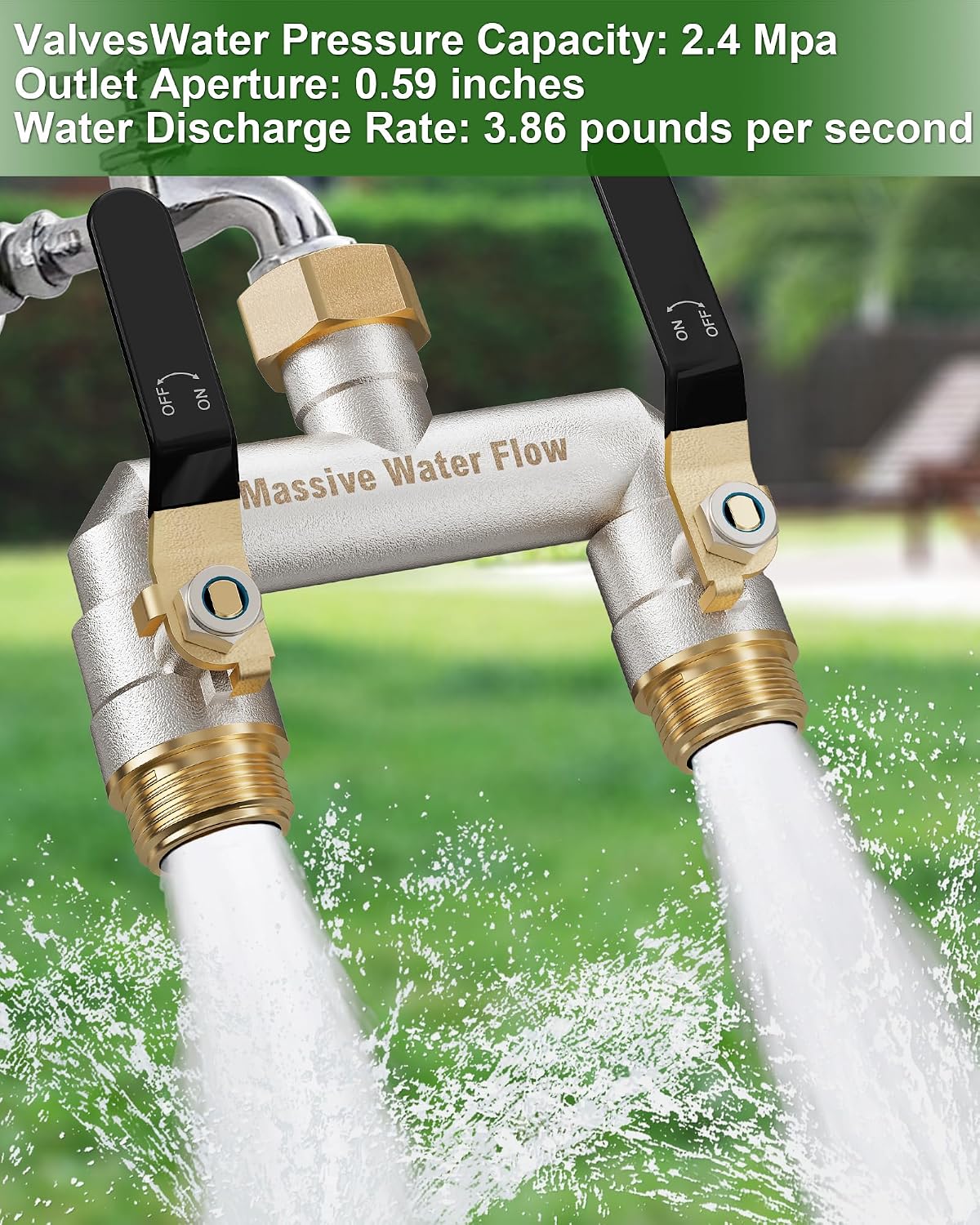 Hose Splitter 2 Way Heavy Duty, Brass Garden Hose Splitter | 304 Stainless Steel Long Handle, Full Flow Nickel Plated