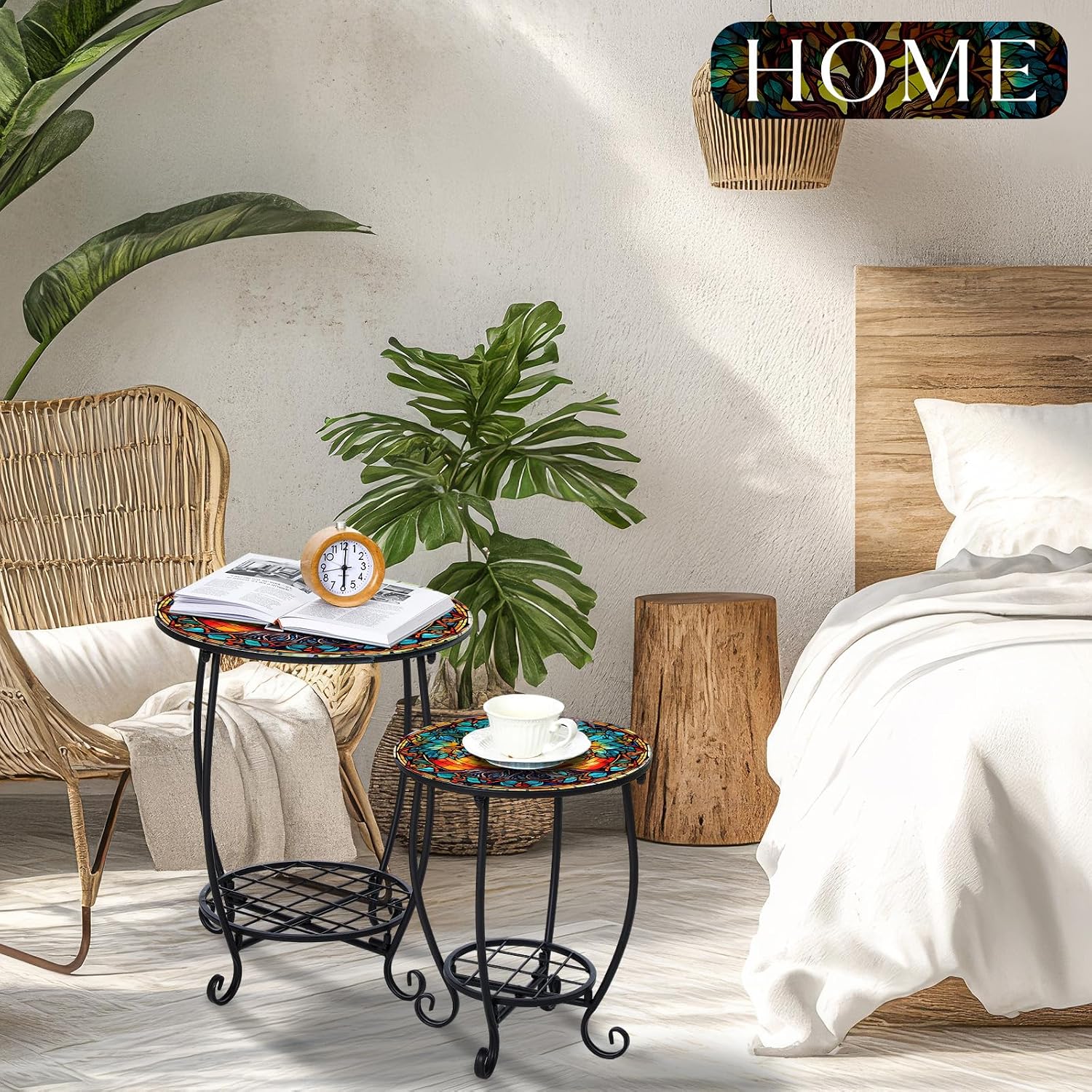 Cinnvoice 2 Outdoor Side Table Small Patio End Table, 12",16", Tree | Mosaic, Outdoor Side Table, Accent, Indoor