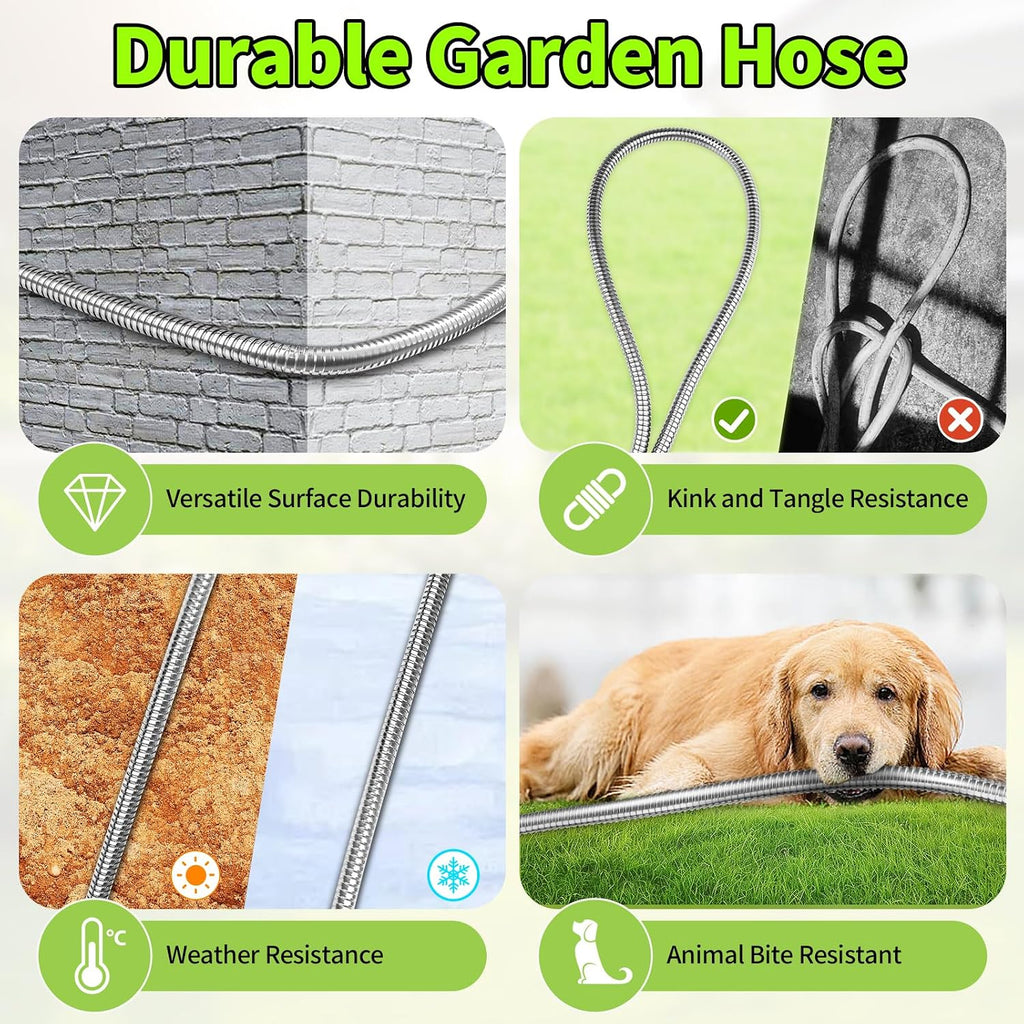 GOXAWEE 100FT Garden Hose, Stainless Steel Water Hose, 10 Function Nozzle | Heavy Duty Metal Water Hose (No-Kink, Tough
