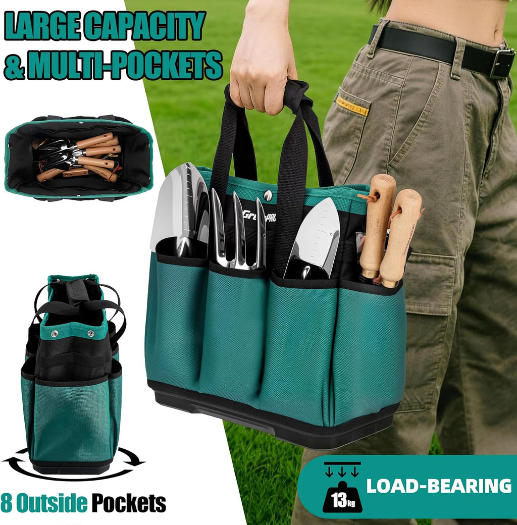 GRENPRO Heavy Duty Garden Tool Bag, Molded Bottom, 10 Pockets, Dark Green | Reinforced garden organizer tote stands