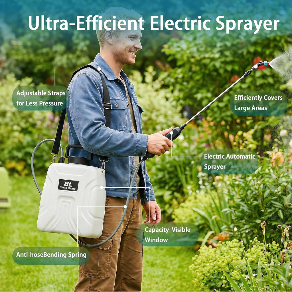 2 Gallon Battery Powered Sprayer, 2000mAh Electric Power White Continuous Battery Operated misting Retractable