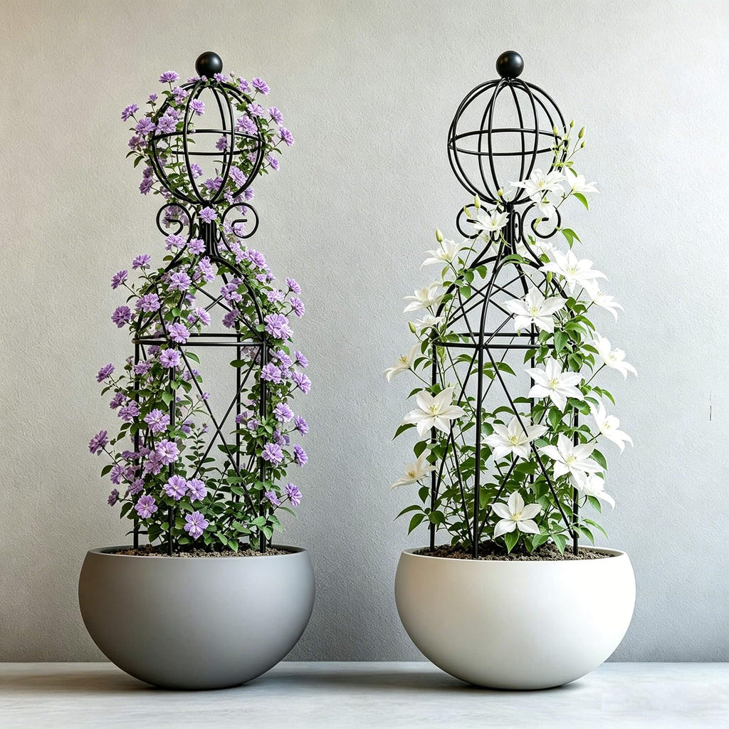 2-Pack Metal Garden Obelisk Trellis, 28" Geometric Sphere Plant Support | Tool-free assembly; fits 9–12in planters