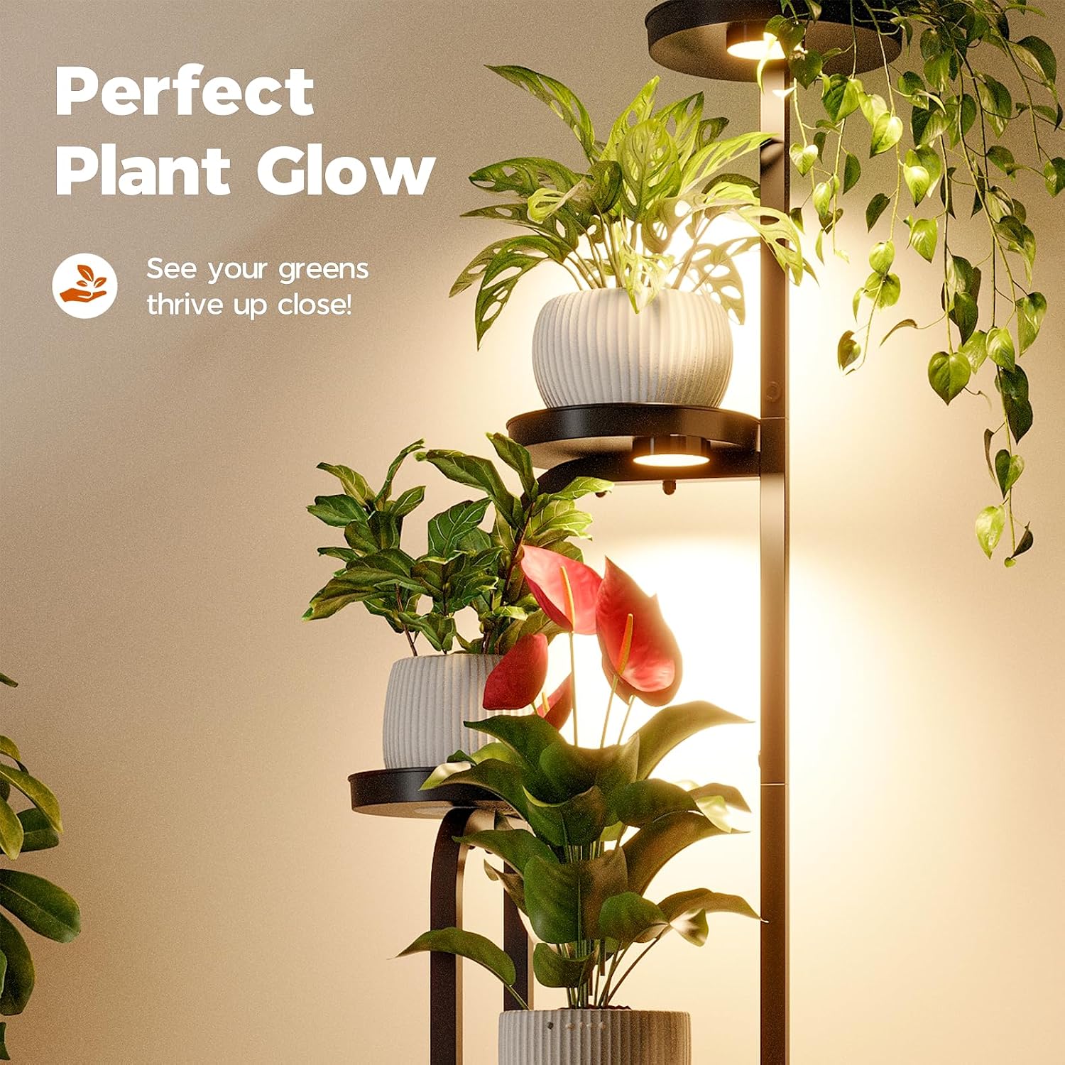 Bamworld Plant Stand with Grow Light Corner Metal Flower Pot Stands | 4 Tier Plant Shelf with Grow Lights for Patio