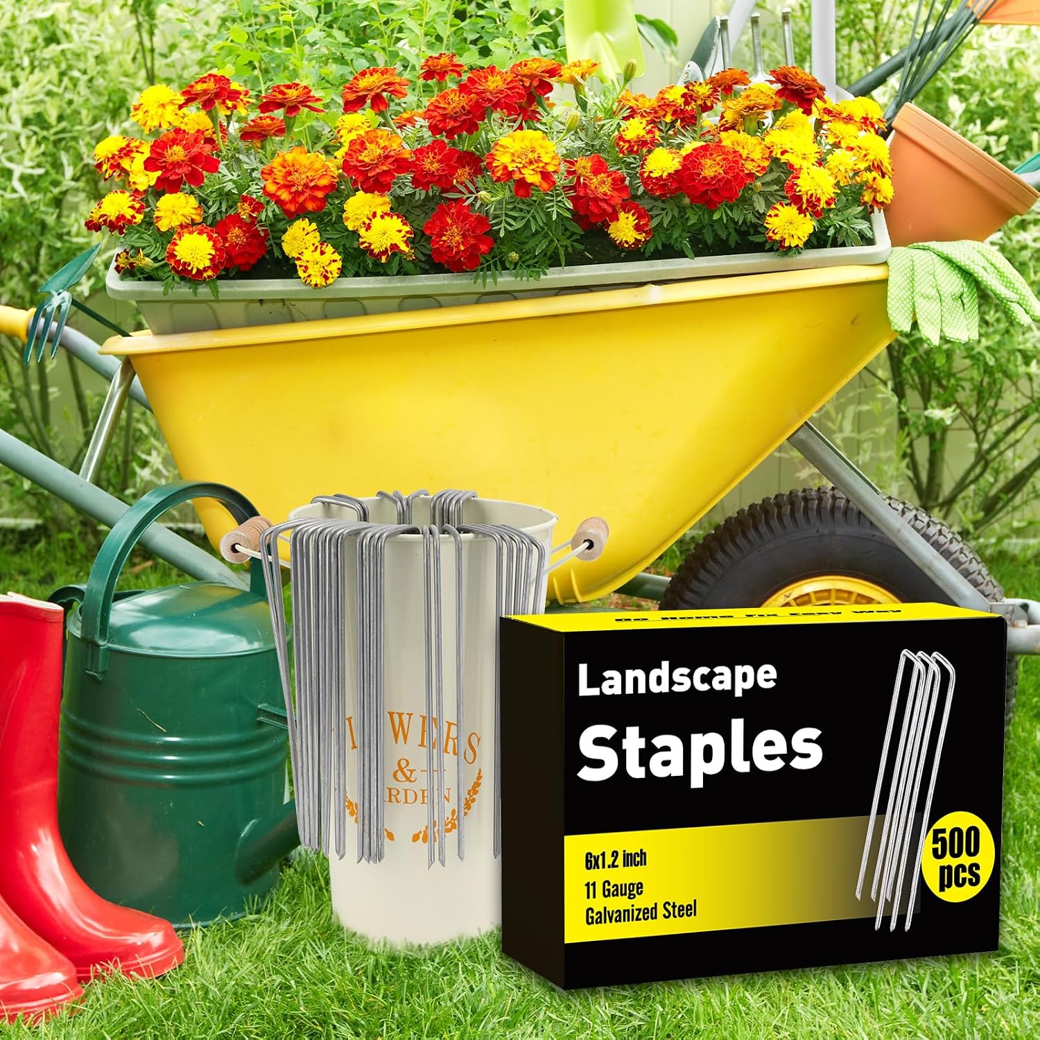HongWay 500 Pack 6 Inch Landscape Staples, Garden Staples Pins Galvanized 11 Gauge Ground Stakes Yard Lawn Staples for