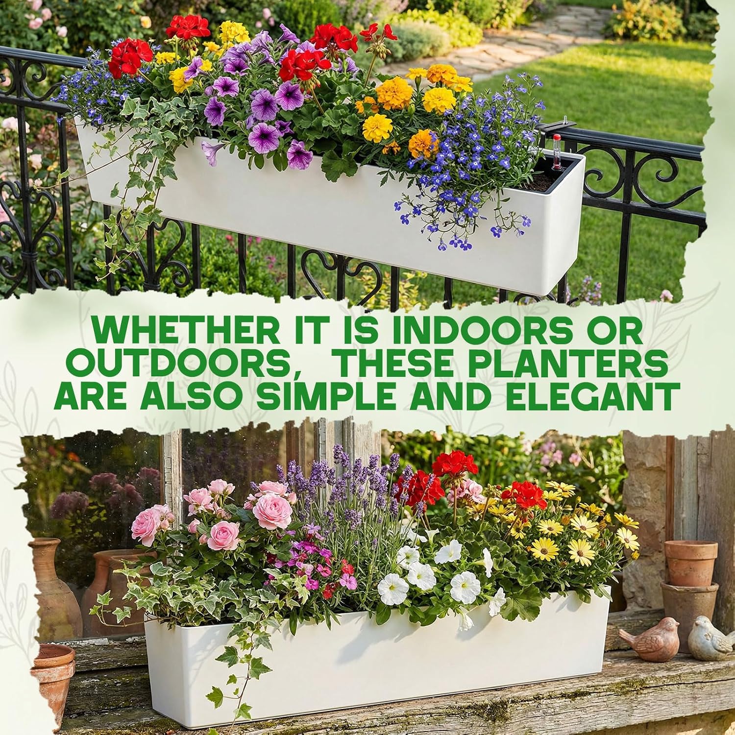 2 Pack Hanging Wall Planter Boxes 40" Large White Rectangular Flower Box with Window Bracket Self Watering System