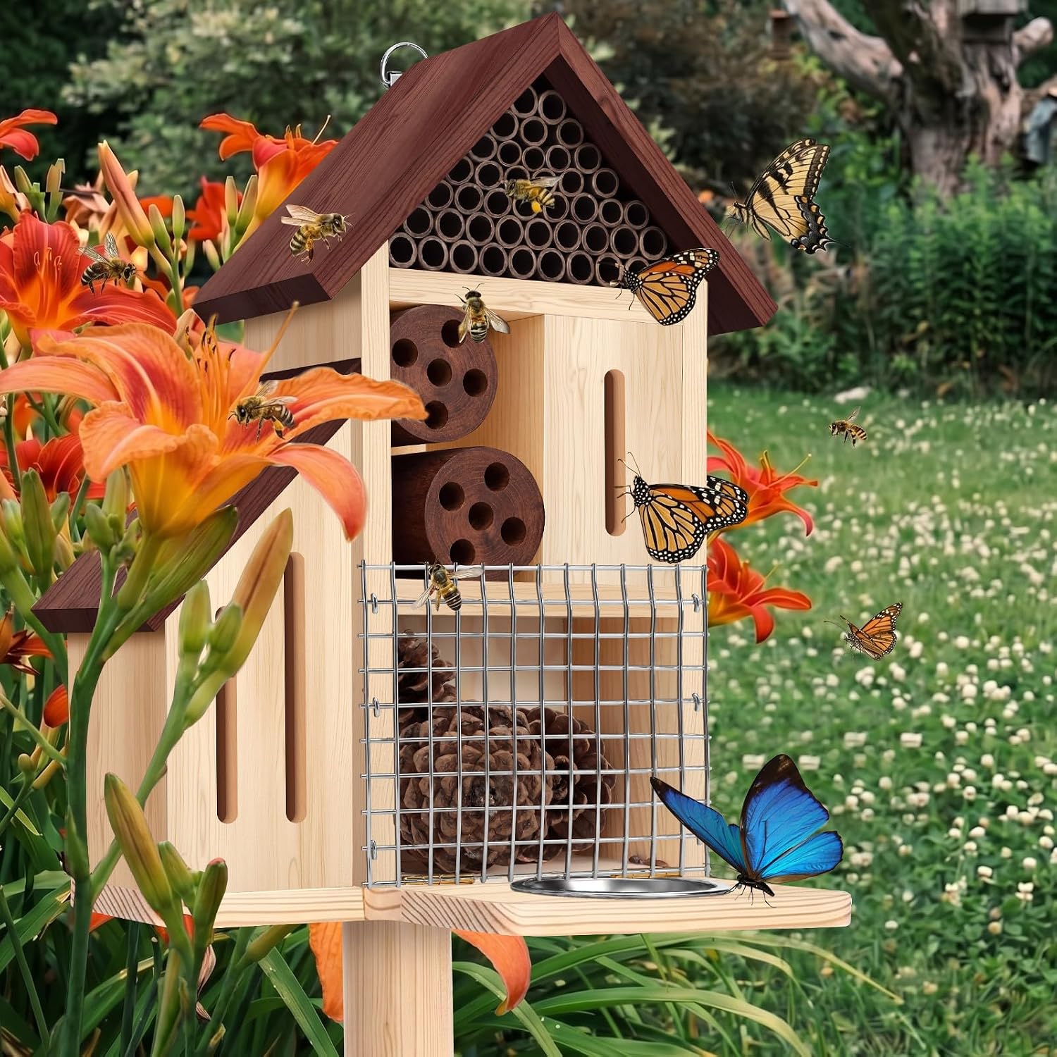 Wooden Insect Hotel Bee Ladybugs Butterfly House Large Natural Mason Bee Lady Bug Hotel with Stake and Feeder for