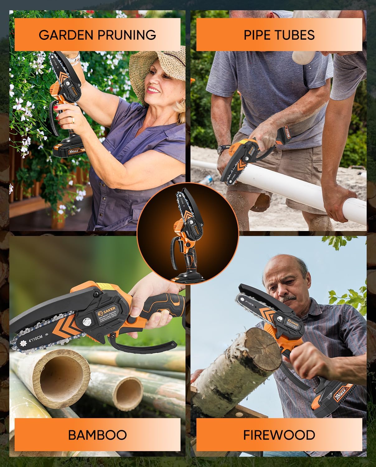 Saker Mini Chainsaw Cordless with 2 Batteries Orange | Portable Electric Chainsaws Cordless,Handheld Chain Saw Pruning