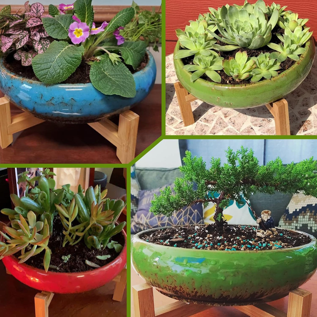 Succulent Pots, 10 Inch Large Succulent Planters with Stand - Ceramic Bonsai Pot with Drainage for Indoor Plants Cactus