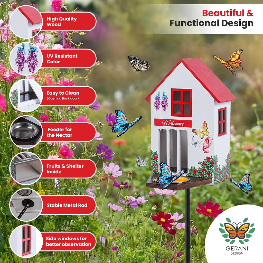 Butterfly House and Feeder for Outside - Wooden Butterfly Shelter with Metal Stake for Garden - 3 Mount Options