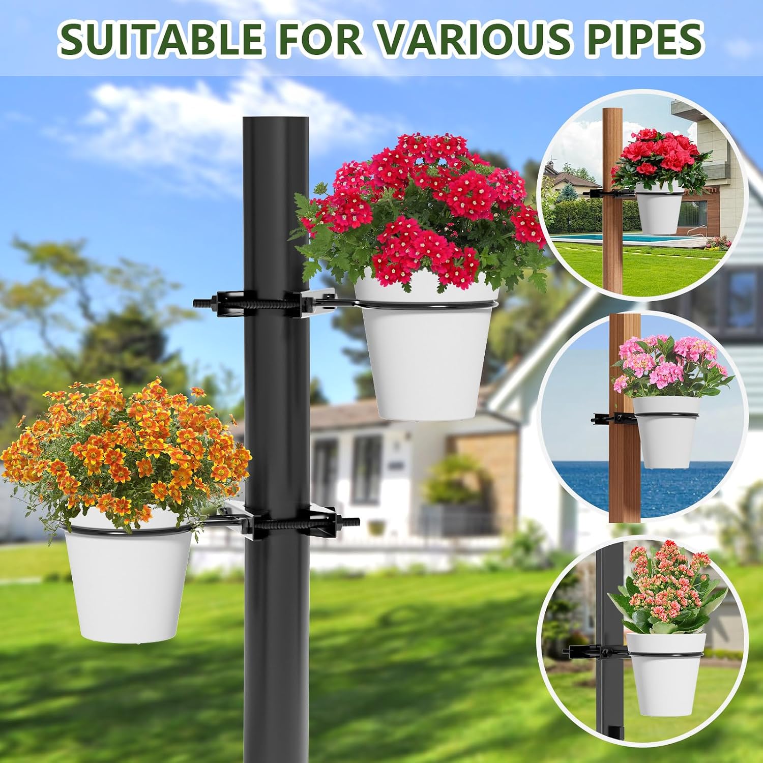 6" Clamp-On Flower Pot Ring, 4 Pack Heavy Duty Deck Flowerpot Holder Ring Metal Planter Hanger Hanging Plant Holder