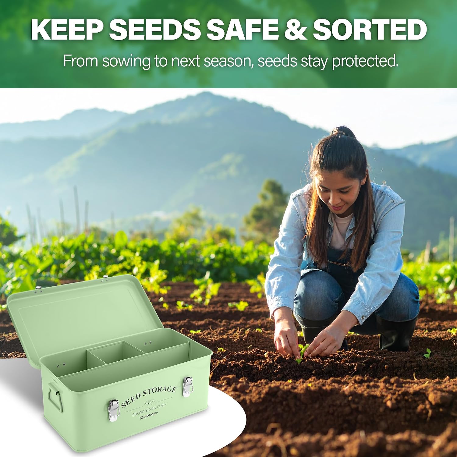 Seed Storage Box Organizer – Green Garden Seeds Tin with Lid, Side Handles, 4 Compartments & Safety Lock – Seed Packet