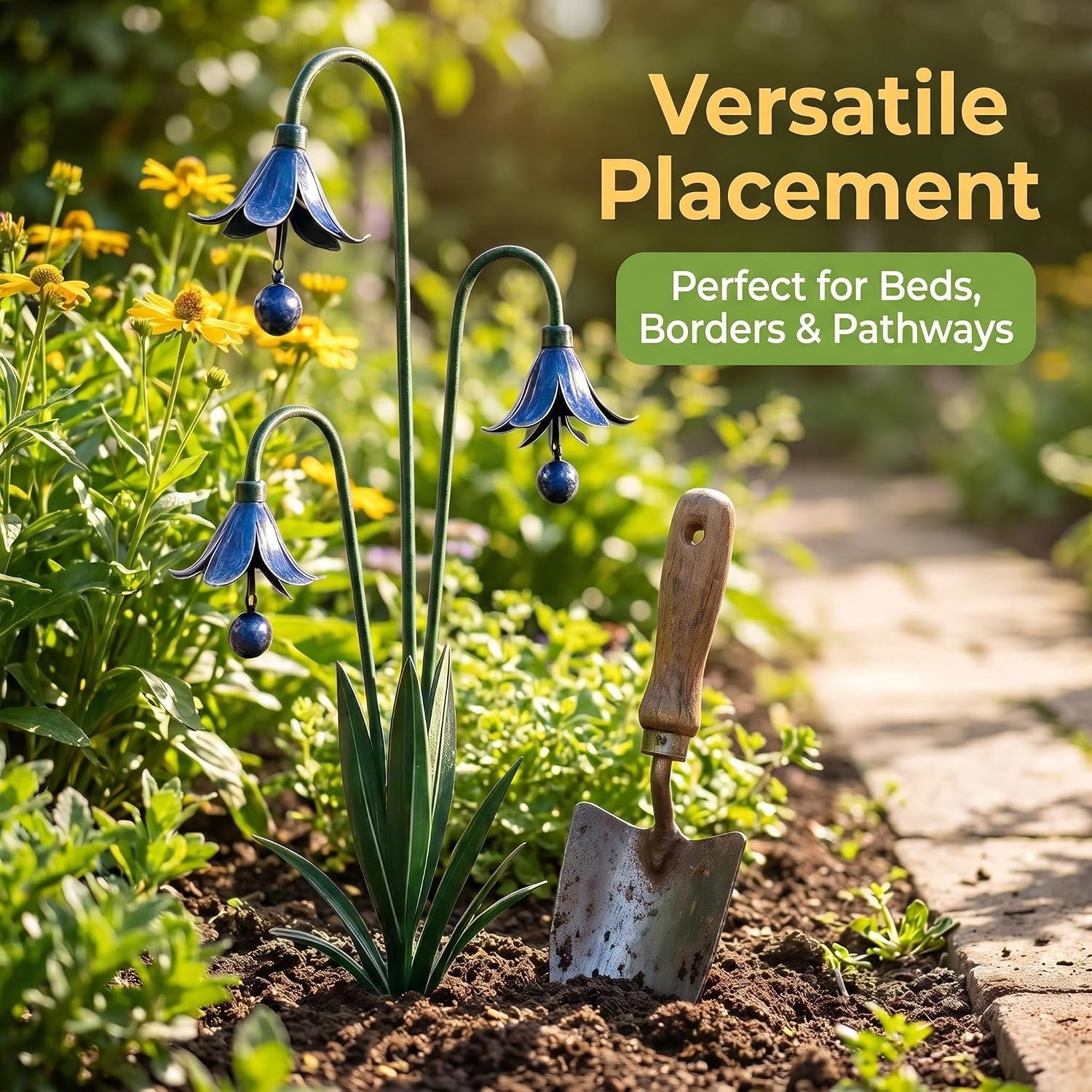 Triple Bluebell Metal Garden Stake with Bells, Handcrafted Yard Decor | Solid metal structure, rust & weather resistant