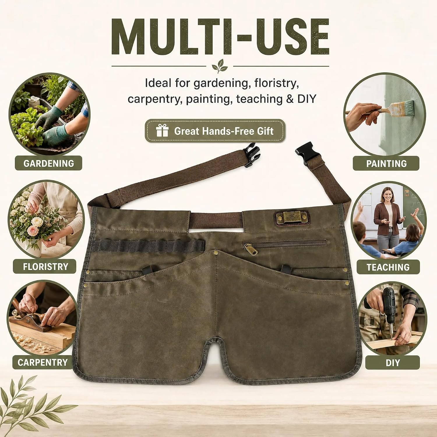 Canvas Gardening Half Apron, Heavy-Duty Florist Tool Belt 5 Pockets-Unisex | 5-zone storage with elastic loops