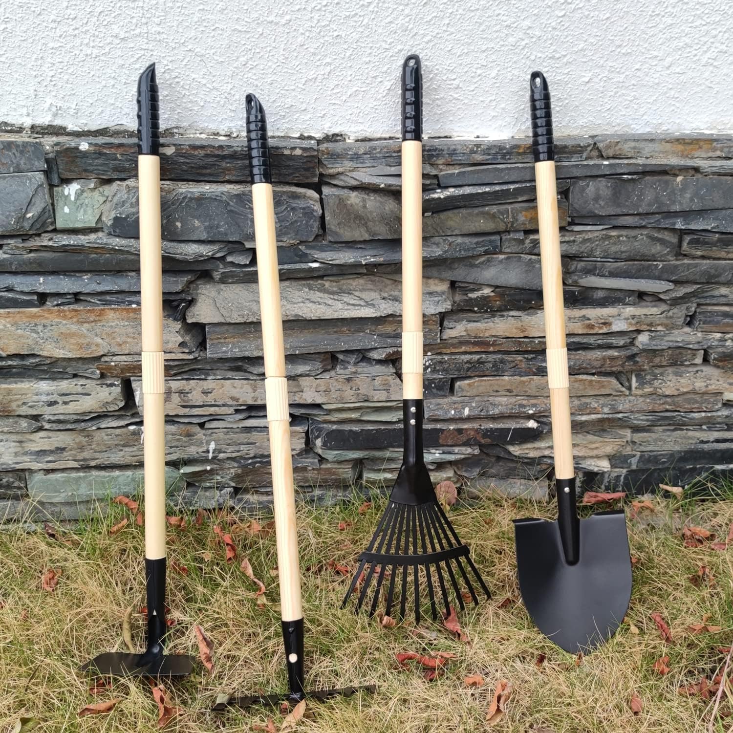 7PCS Kids Gardening Tools, Long Shovel, Rake for Leaves, Spade, Hoe, Steel Heads & Real Wood Handle, Yard Tools for