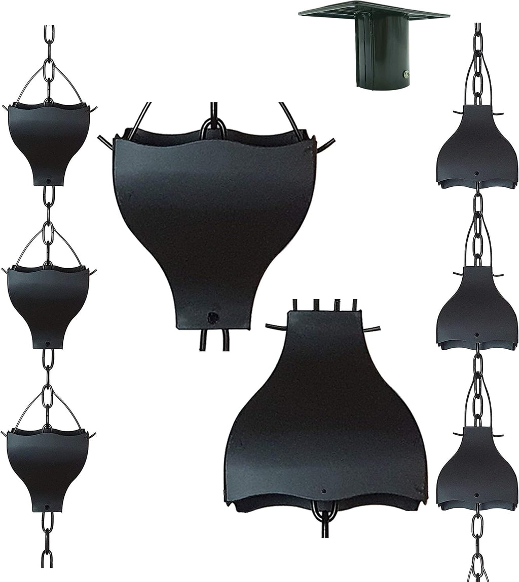 8.5FT Tulip Iron Rain Chain for Gutters and Rain Barrel, Black | Rain Chains for Downspout, Rust-Prevent Plated, Thick