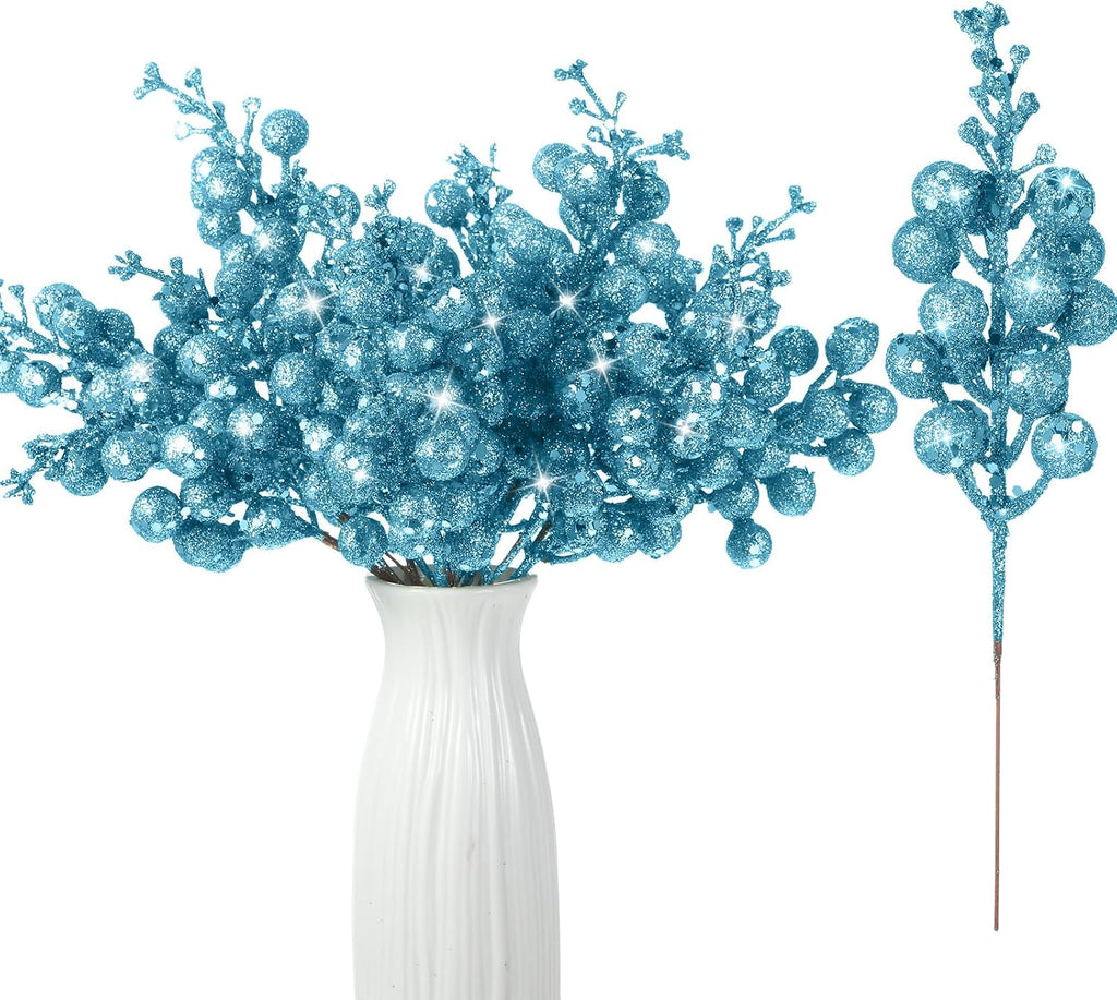 Geosar 36 Pcs Christmas Glittered Berries Stems, Light Blue