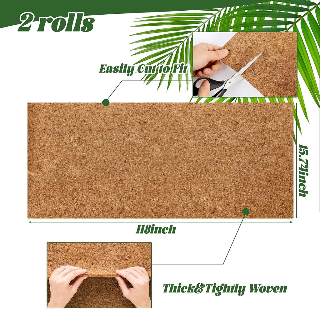 2 Rolls Coconut Fiber Liners for Planters 16x118 Natural Coco Coir Roll | Coco Fiber Pad for Hanging Flower Planters