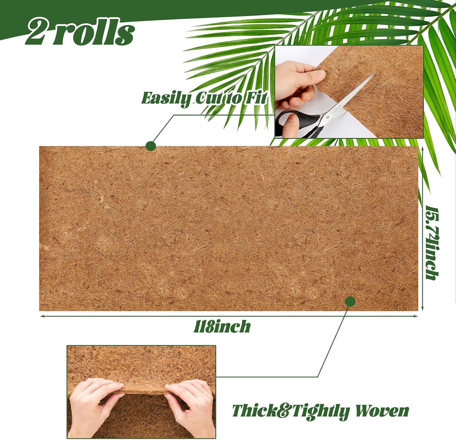 2 Rolls Coconut Fiber Liners for Planters 16x118 Natural Coco Coir Roll | Coco Fiber Pad for Hanging Flower Planters