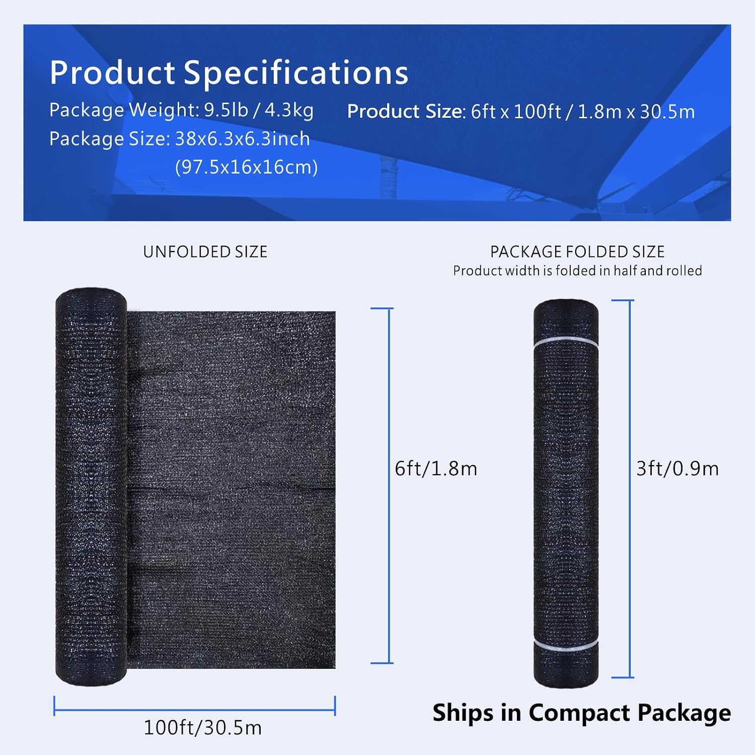 60% Shade Cloth Roll 6ft x 100ft - HDPE Sun Shade Fabric Roll, UV Block Cuttable Shade Mesh for Garden, Greenhouse