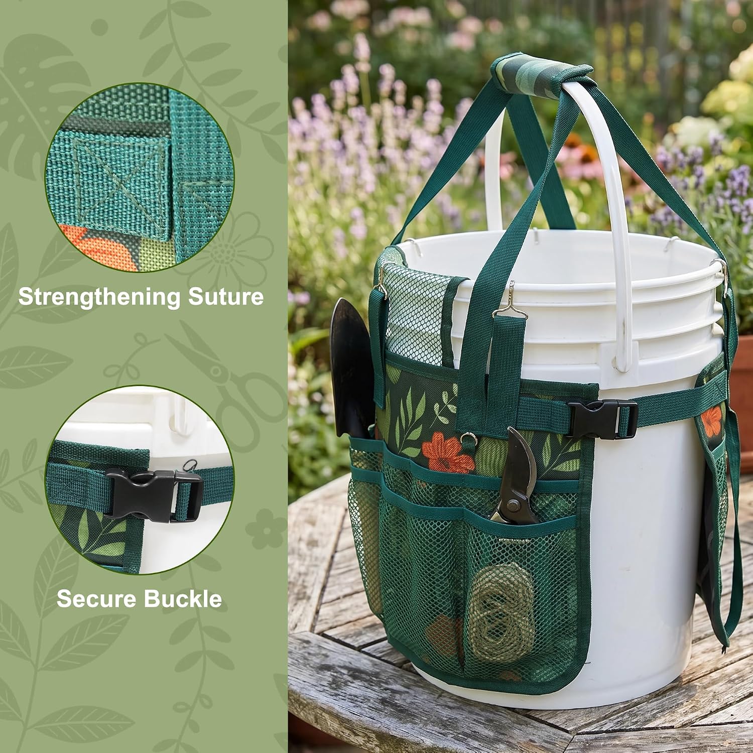 Bucket Tool Organizer - Multi-Purpose Garden Tool Caddy Fits 3.5 to 5 Gallon Buckets - Heavy Duty 600D Tool Bag Pouch