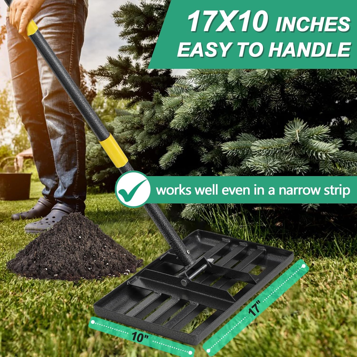 Lawn Leveling Rake, 17x10 Heavy Duty Lawn Leveler with Adjustable Handle Dirt Ground Level Tool for Yard Garden (60