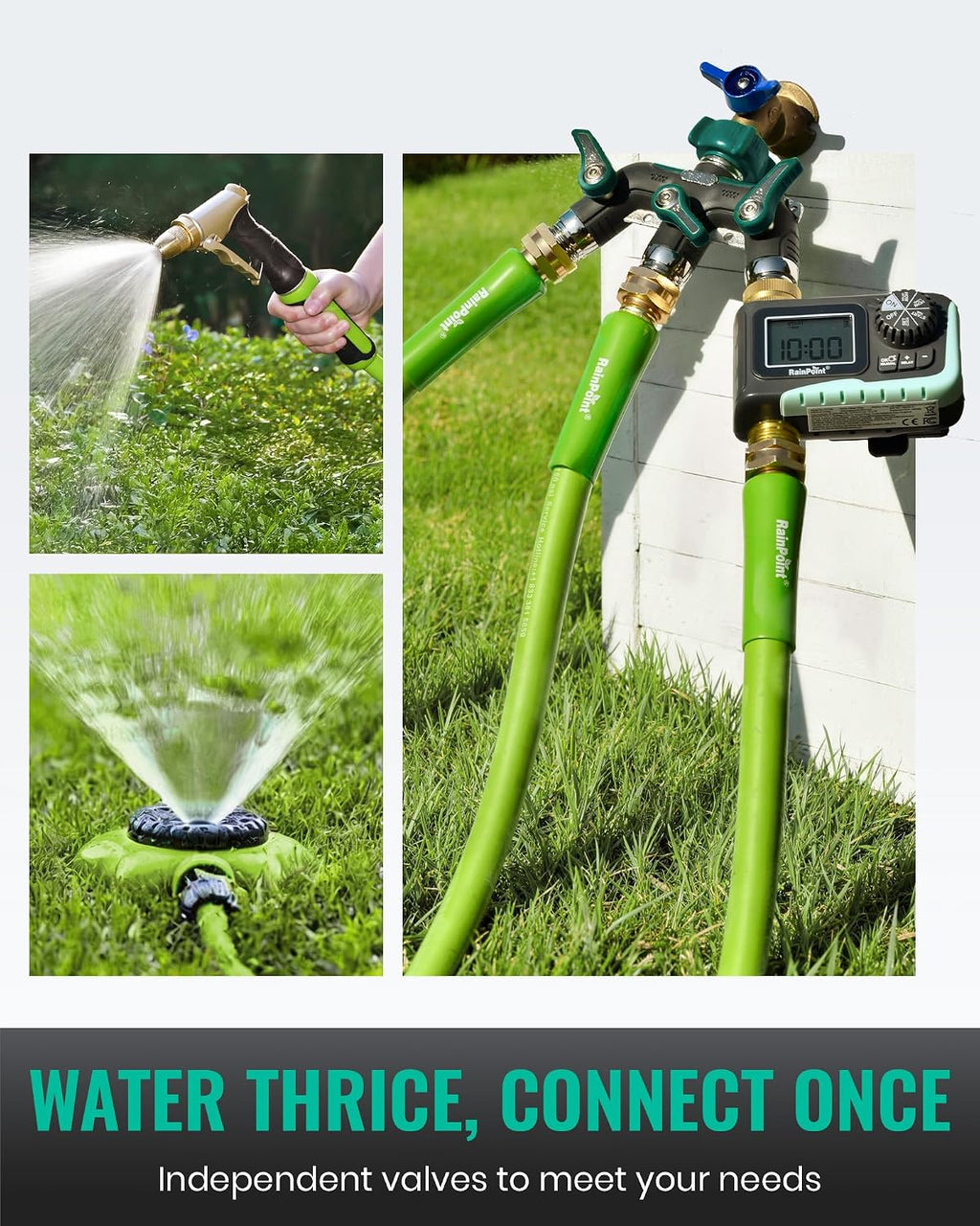 RAINPOINT 3 Way Hose Splitter, 100% Metal Heavy Duty Garden Hose Splitter With 1.9" Extra Long Handle & Individual Shut