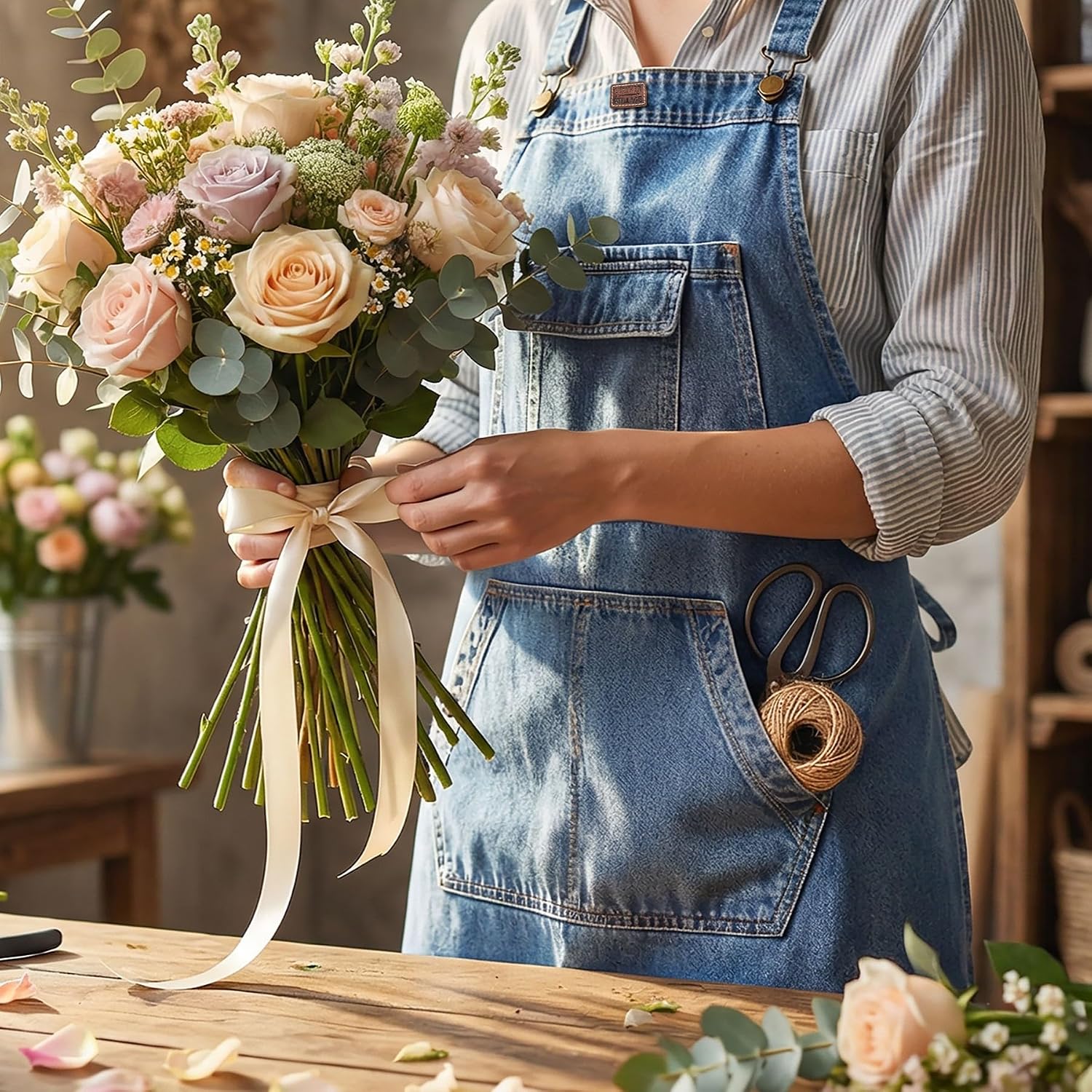 LEATHER VILLAGE Denim Apron with Pockets for Barista Hair Stylist Gardening Women Hairdresser Jean Work Apron Cross