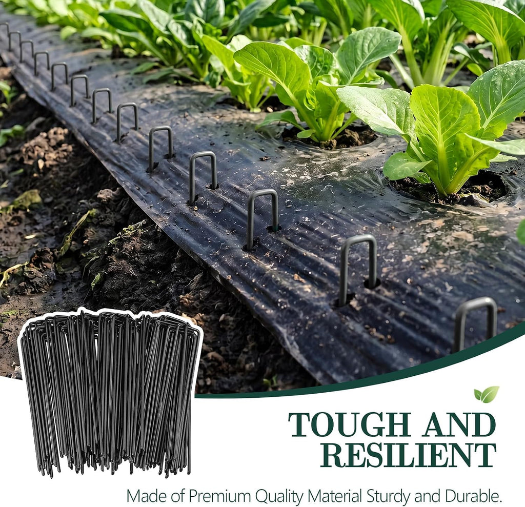 Therwen 100pcs 6 Inch Turf Stakes for Artificial Grass Black Landscape Staples Bulk Galvanized Heavy Duty Garden Stake