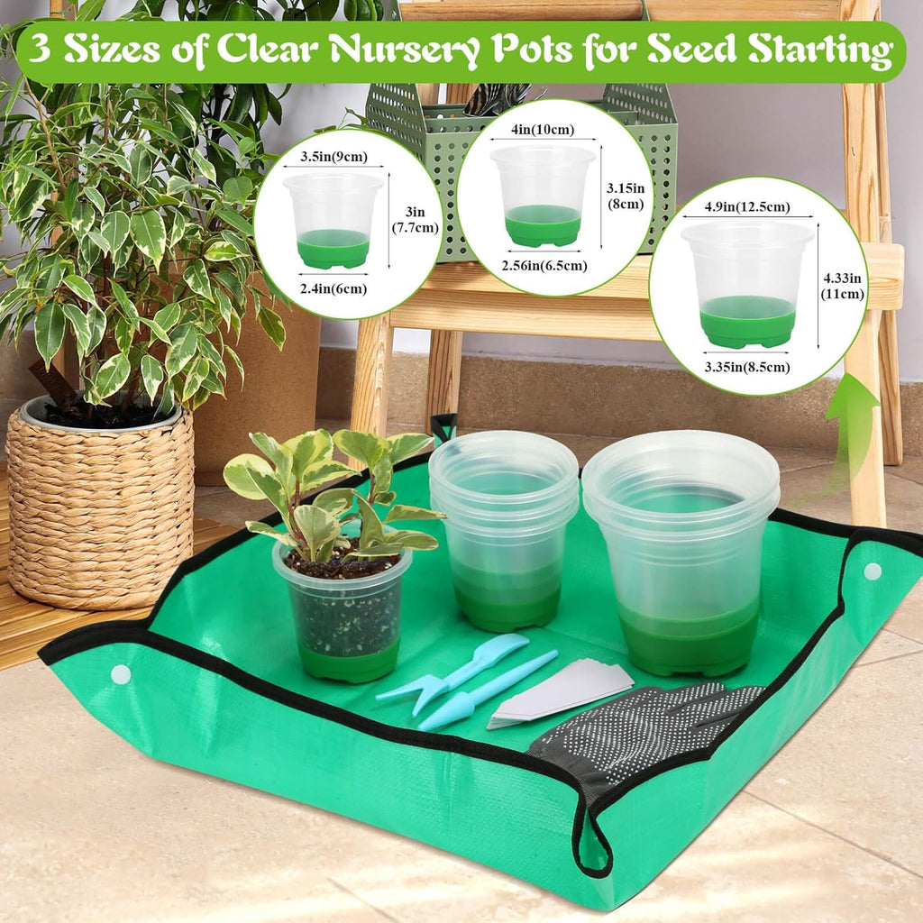 Caffox 51PCS Reusable Seed Starter Kit Includes 26 Packs 3 Sizes Clear Nursery Pots with Silicone Base, Repotting Mat