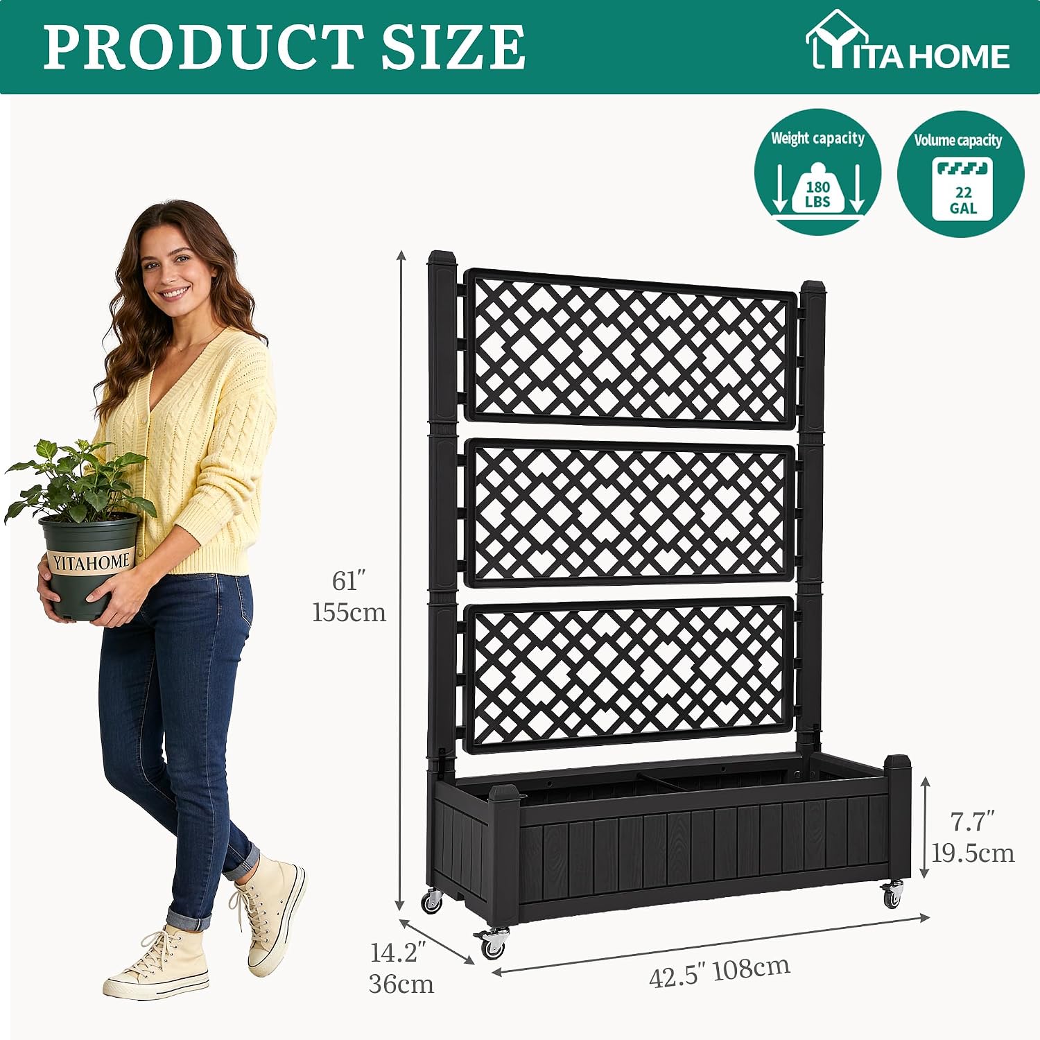 YITAHOME 43.3x17.7x61 in Planter Trellis Box with Wheels & Drain Plug, Outdoor Resin Raised Garden Bed for Climbing