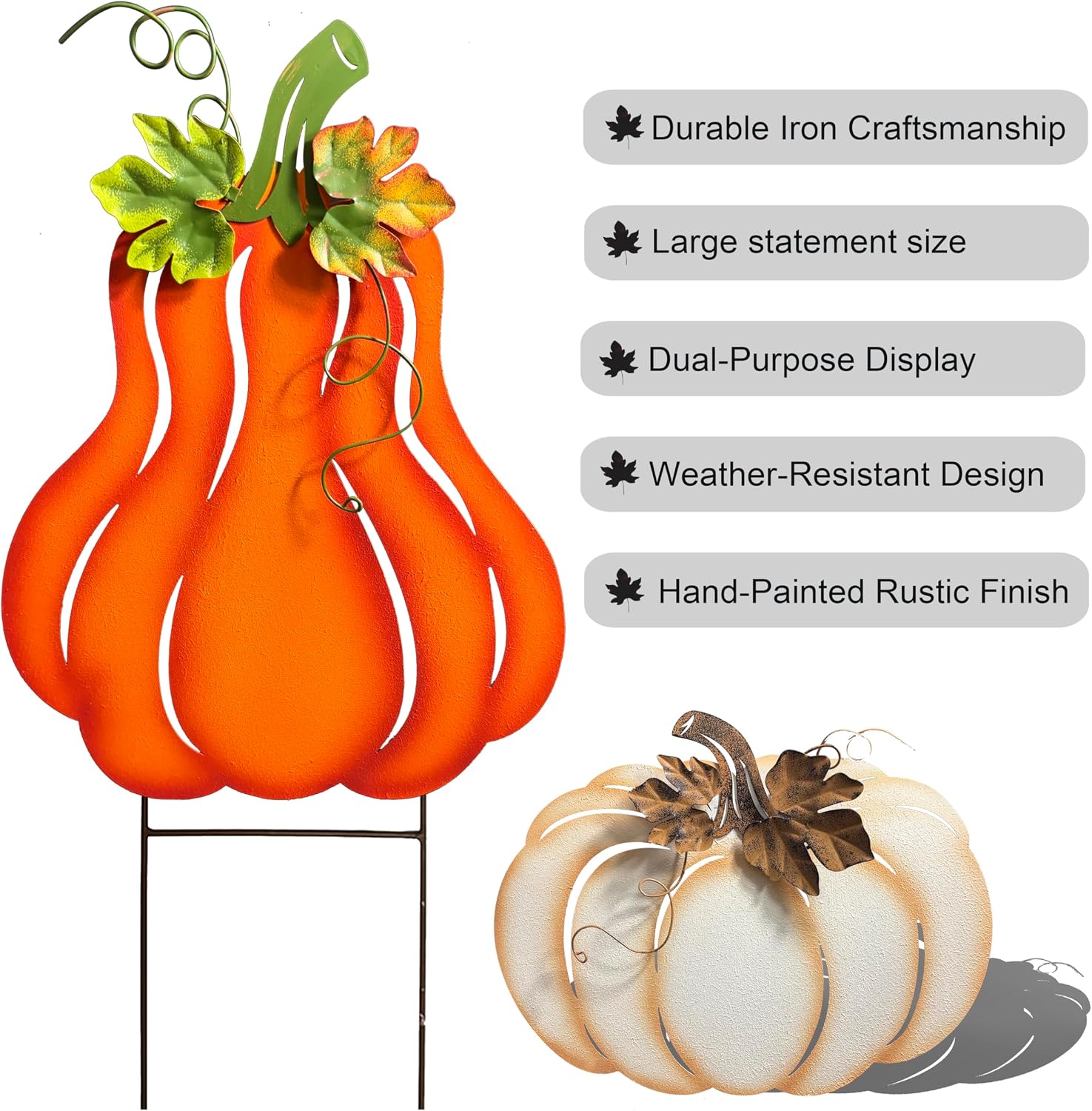 Fall Harvest Metal Pumpkin Garden Stakes, Set of 3, Orange White Green, Autumn Yard Decor