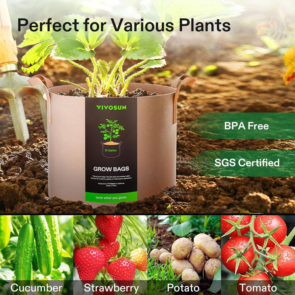 VIVOSUN 5-Pack 10 Gallon Plant Grow Bags Fabric Pots with Handles | 300G Thickened Nonwoven Fabric, Excellent Drainage