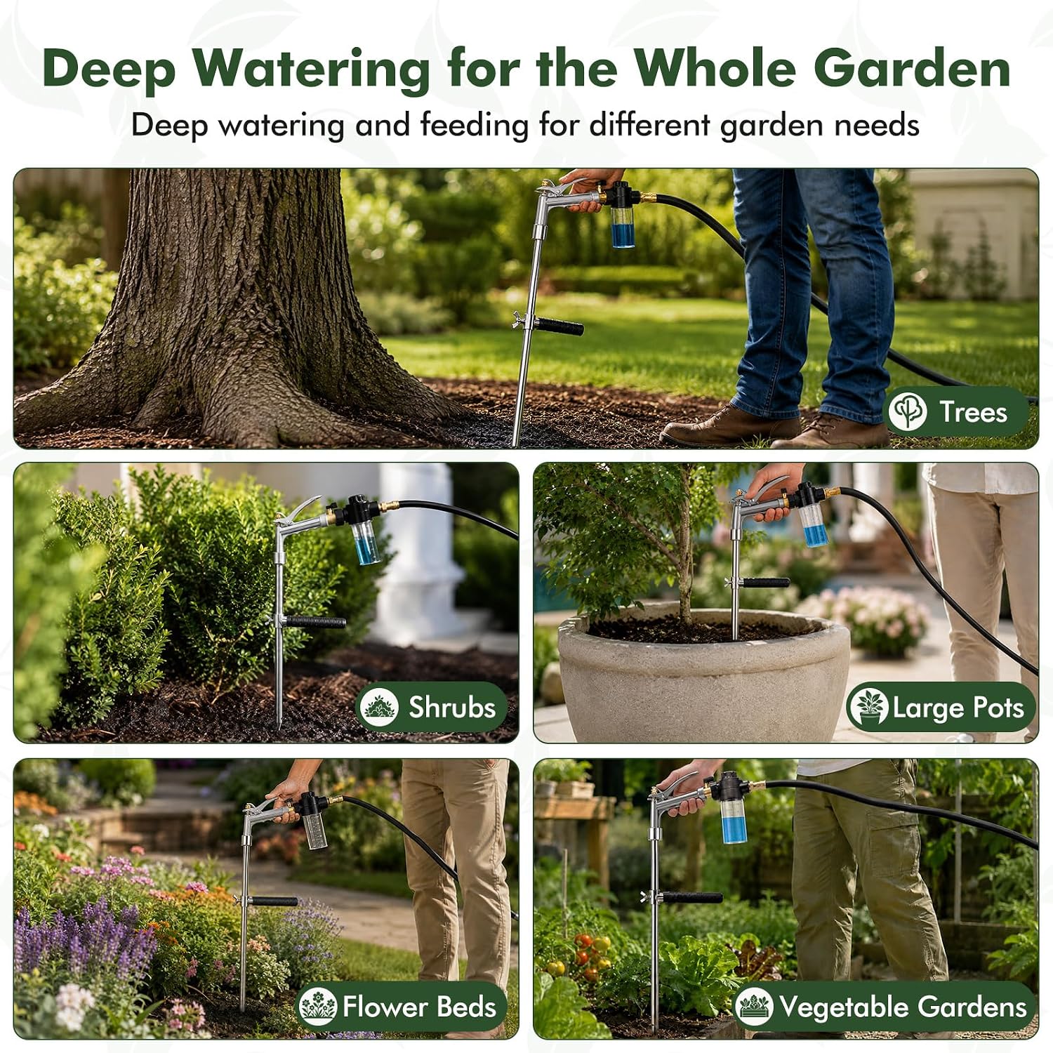 Deep Root Watering Tool for Trees with Trigger Handle & Fertilizer Bottle | One-Piece Stainless Steel Tree Watering