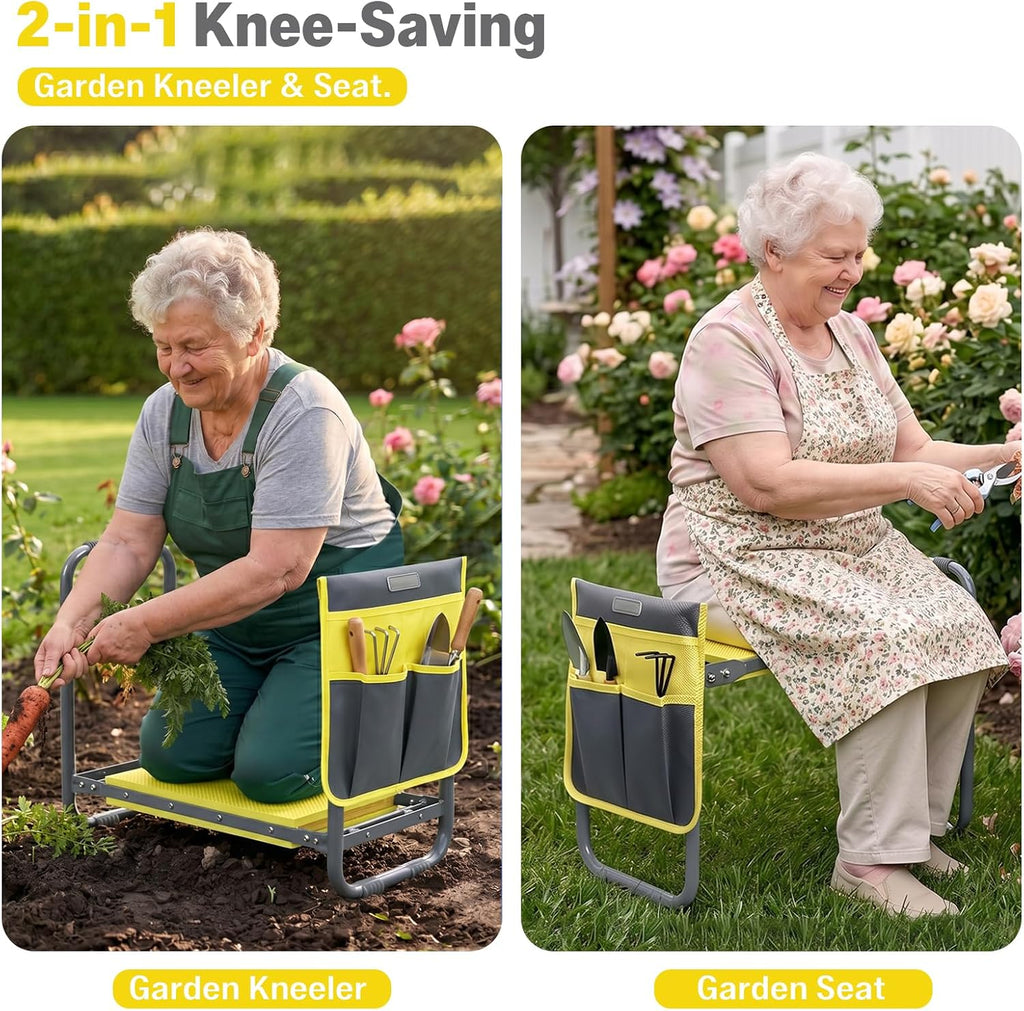 Garden Kneeler and Seat Heavy Duty, Foldable Gardening Stool Bench | With Widened Thick Soft Kneeling Pad and Tool