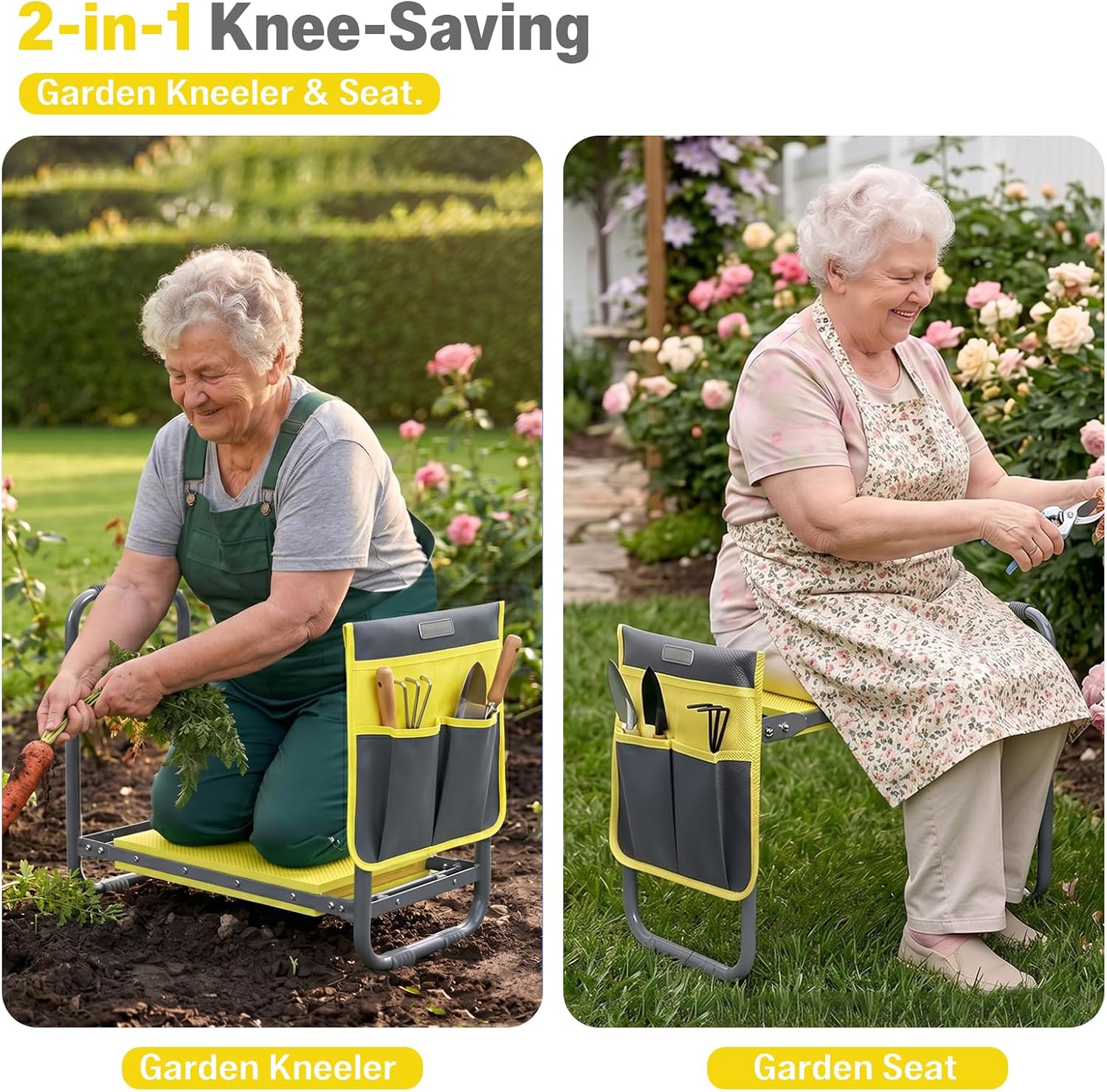 Garden Kneeler and Seat Heavy Duty, Foldable Gardening Stool Bench | With Widened Thick Soft Kneeling Pad and Tool