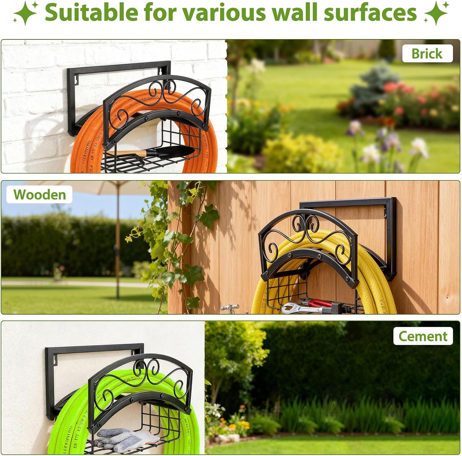 Garden Hose Holder Wall Mount, Metal Water Hose Holder with Basket | 150FT, Heavy Duty, Durable, Weather-Proof Hose