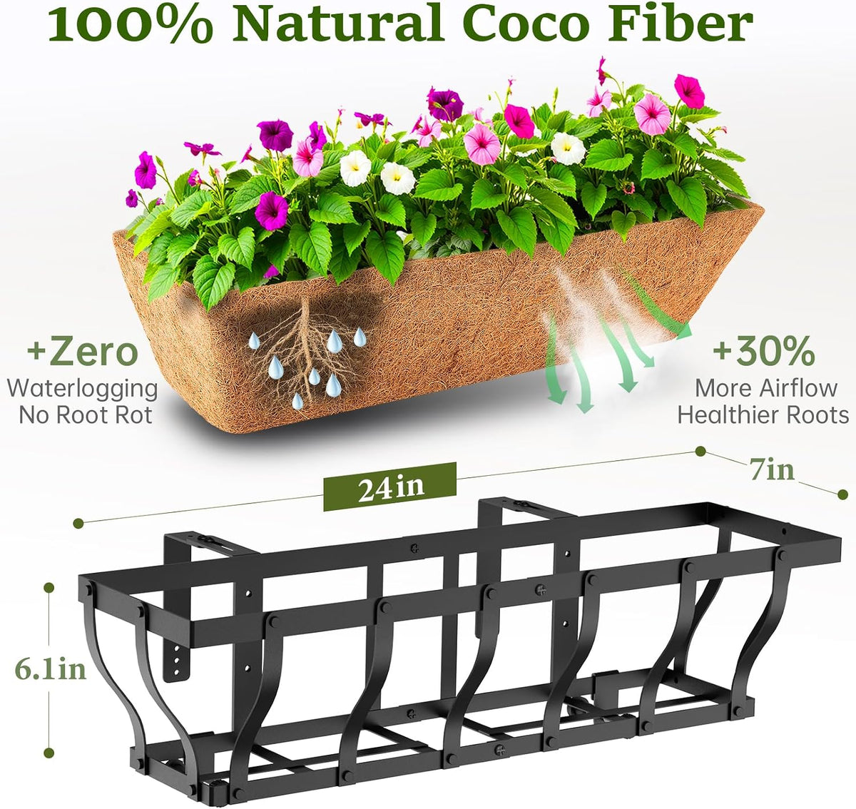 VOXOR Railing Planter Boxes, Heavy Duty Window Box Planters, Adjustable Balcony Planters for Railing Hanging, with Coco