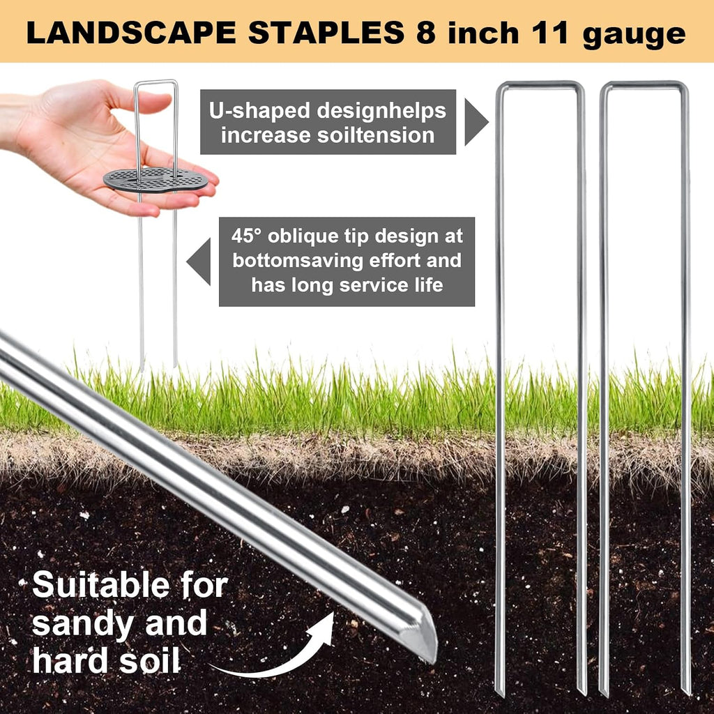 8 Inch Landscape Staples Set, 200Pcs U-Shaped Landscape Staples and 200Pcs Fixing Gasket with 1 Pcs Pick Hook for Weed