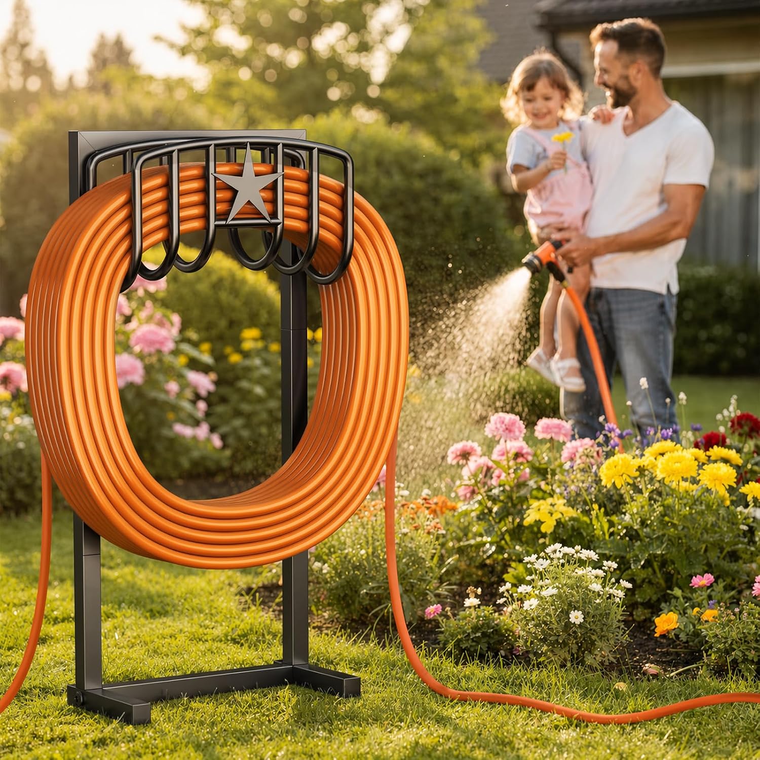 Garden Hose Holder, Heavy Duty Freestanding Metal Stand, 165FT Garden Hose Storage with 4-Spike Stable Base, Rustproof